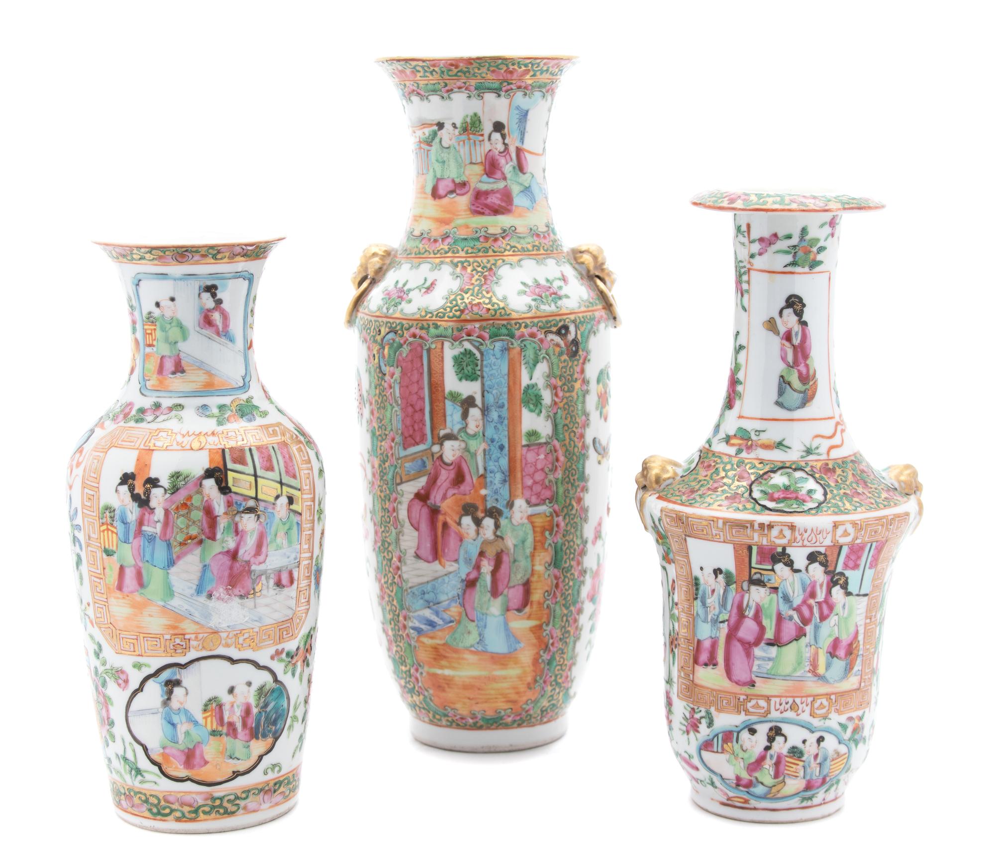 Three Chinese Export Rose Canton Vases Height of taller 11 5/8 inches. — 19TH CENTURY