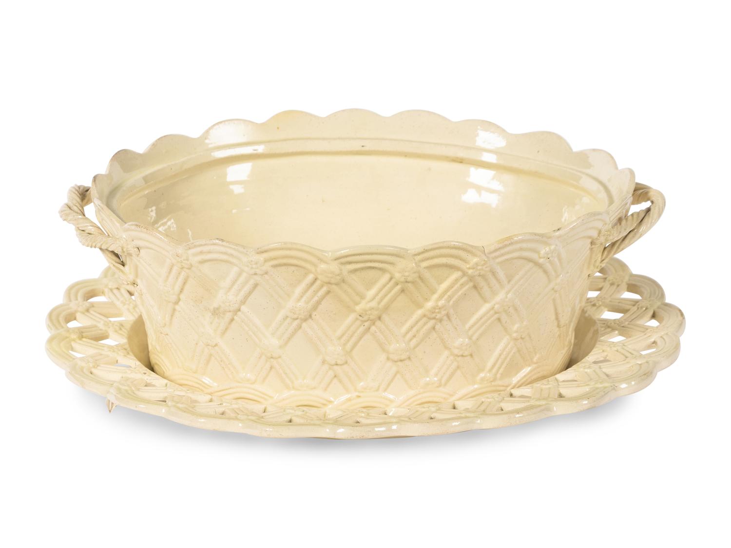 An English Creamware Covered Basket and Underplate