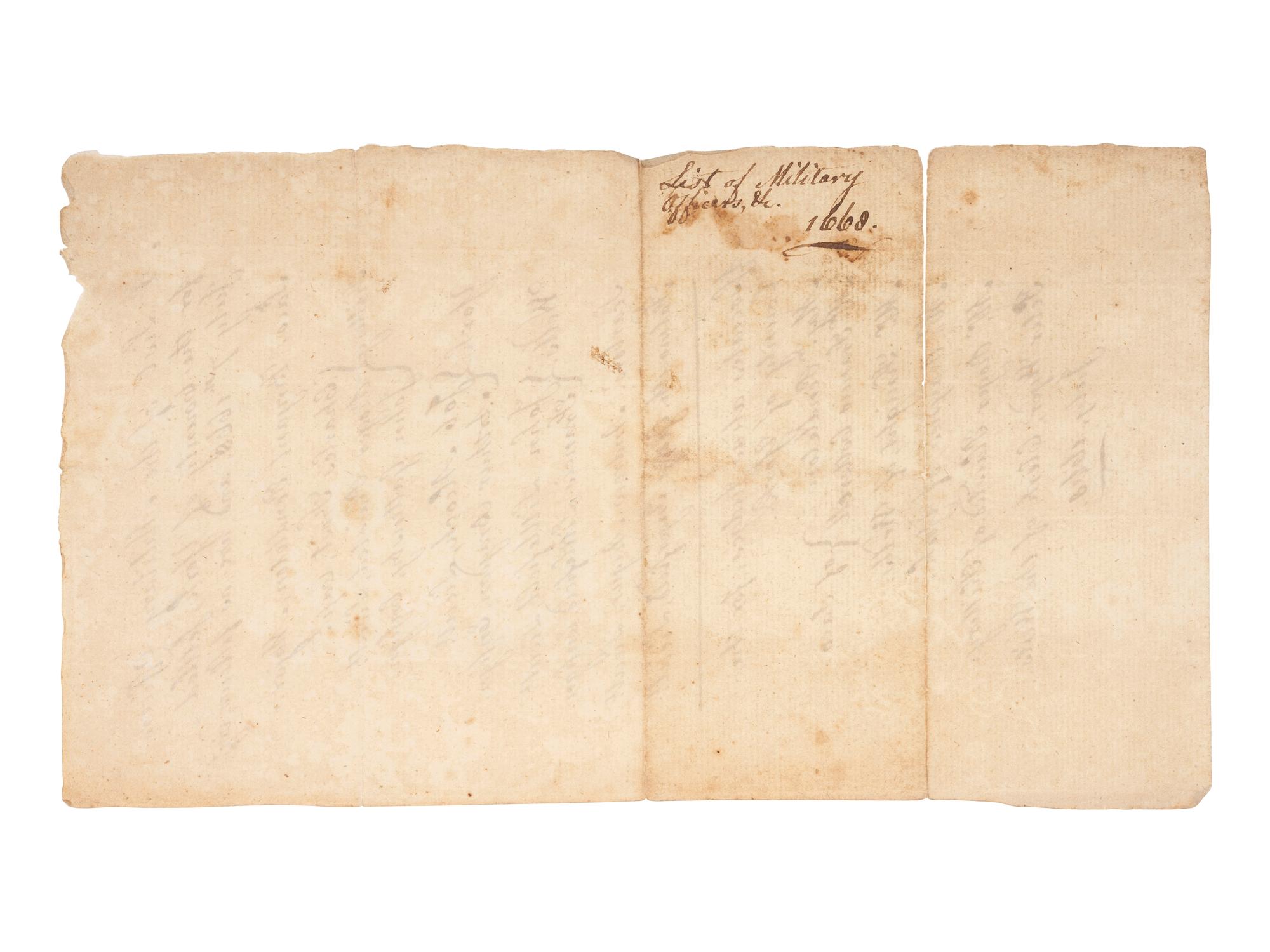 [COLONIAL AMERICA]. Manuscript list of military officers in York, Maine. July 1668.