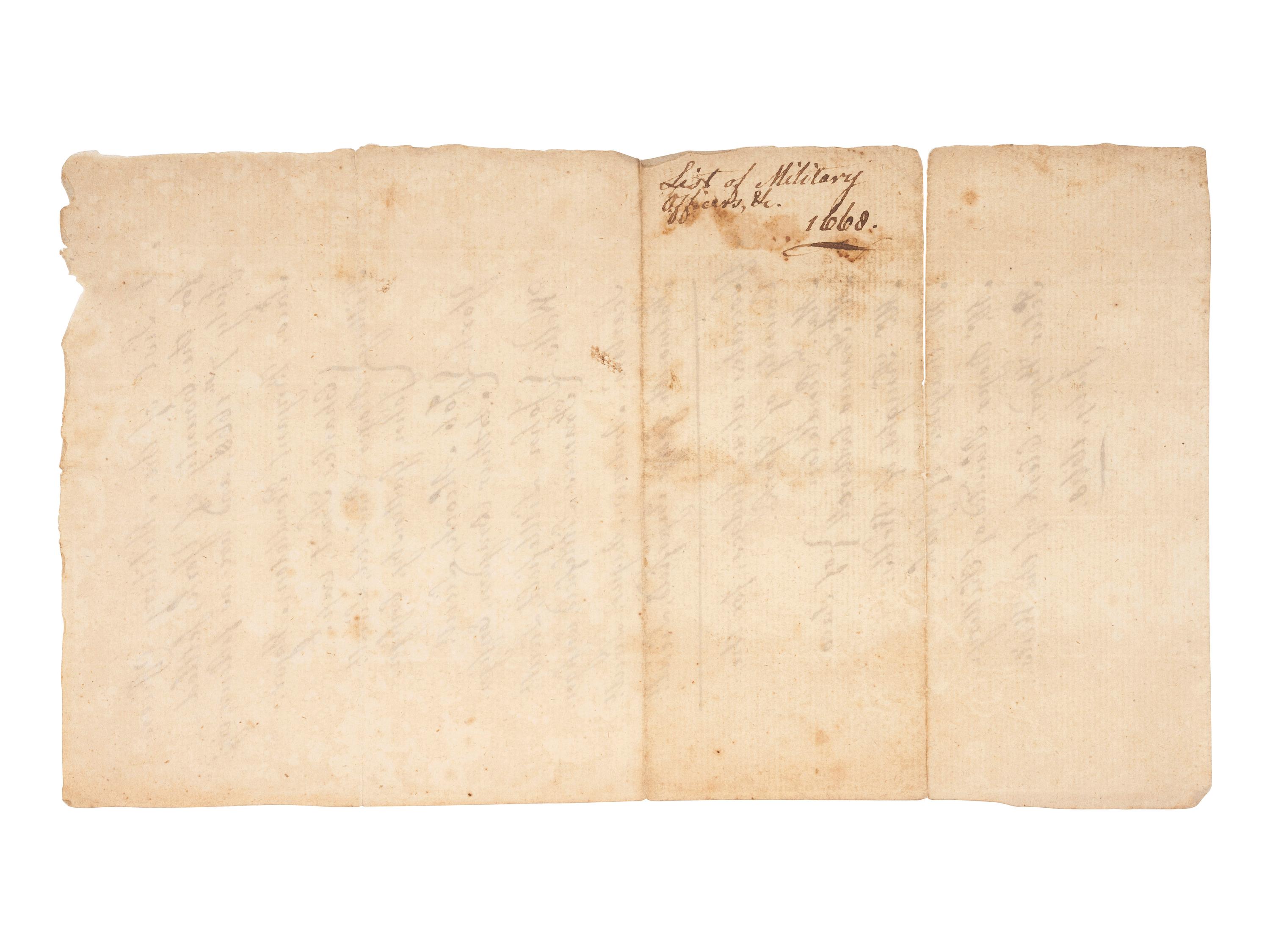 [COLONIAL AMERICA]. Manuscript list of military officers in York, Maine. July 1668.