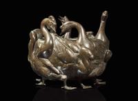 A large Japanese patinated bronze “Geese” jardinière, Meiji/Taisho period 銅加漆鵝形花盆 明治至大正