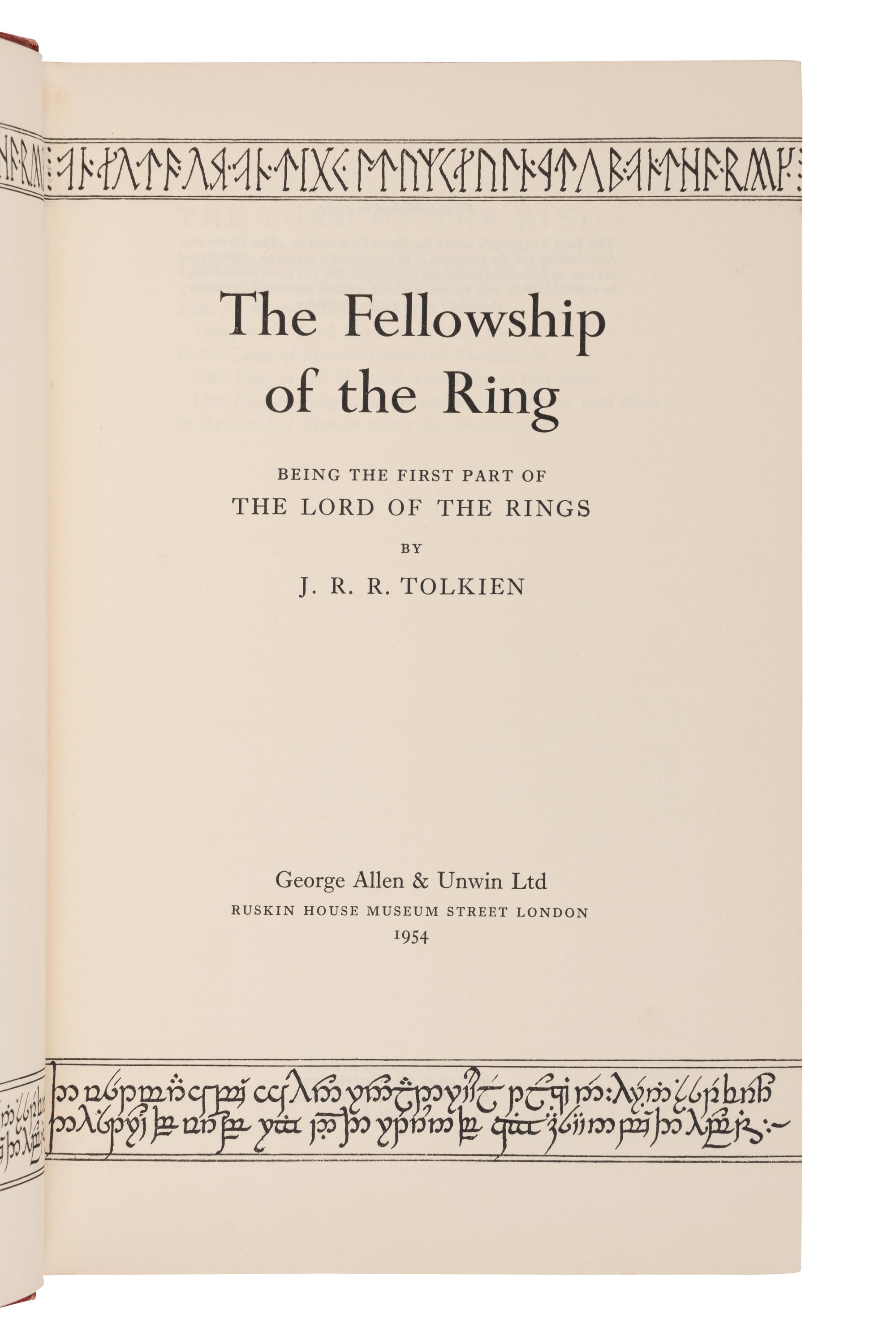 TOLKIEN, John Ronald Reuel (1892-1973). [The Lord of the Rings trilogy:] The Fellowship of the Ring . 1954. -- The Two Towers . 1954. -- The Return of the King . 1955. All London: Allen & Unwin Ltd.