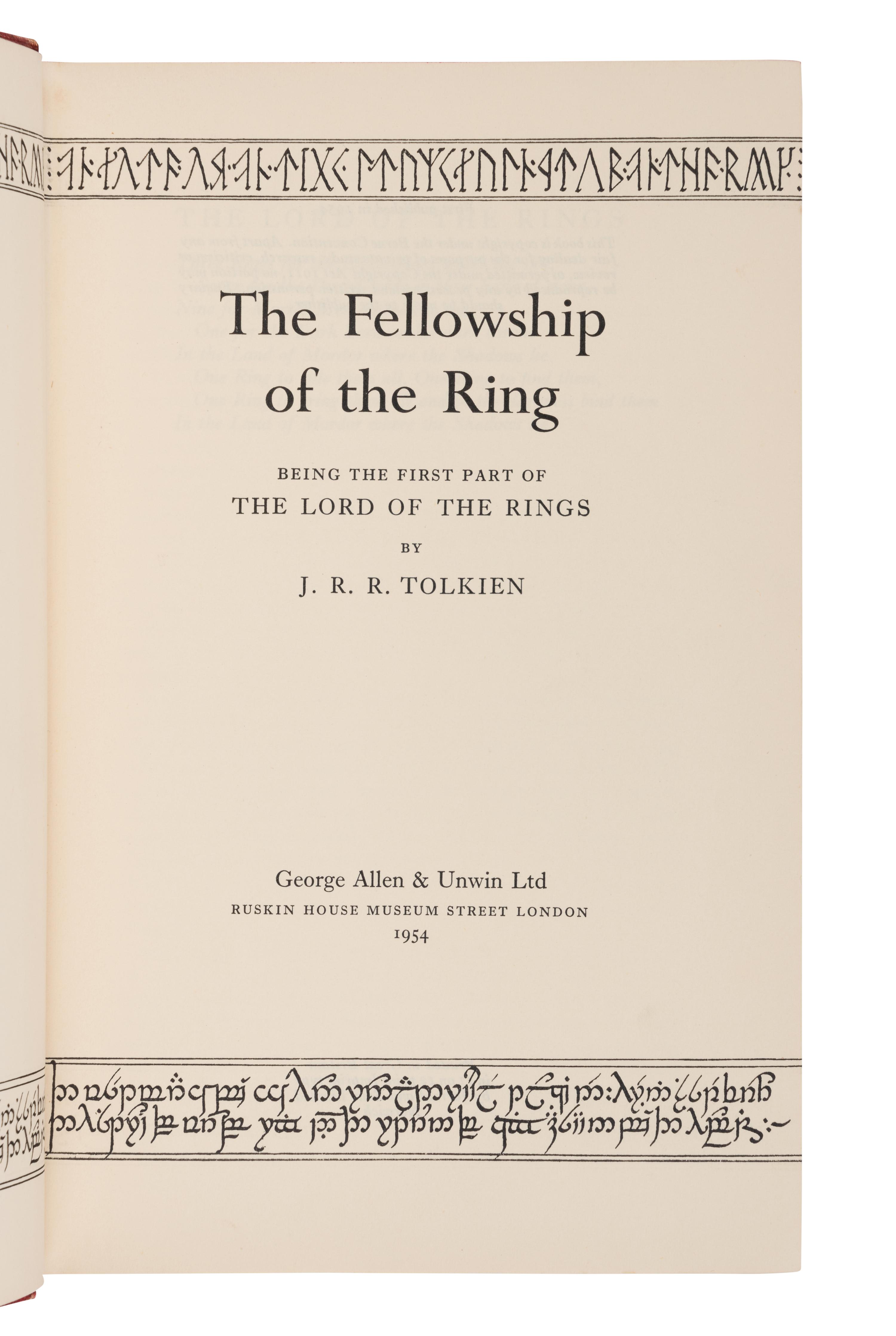 TOLKIEN, John Ronald Reuel (1892-1973). [The Lord of the Rings trilogy:] The Fellowship of the Ring . 1954. -- The Two Towers . 1954. -- The Return of the King . 1955. All London: Allen & Unwin Ltd.