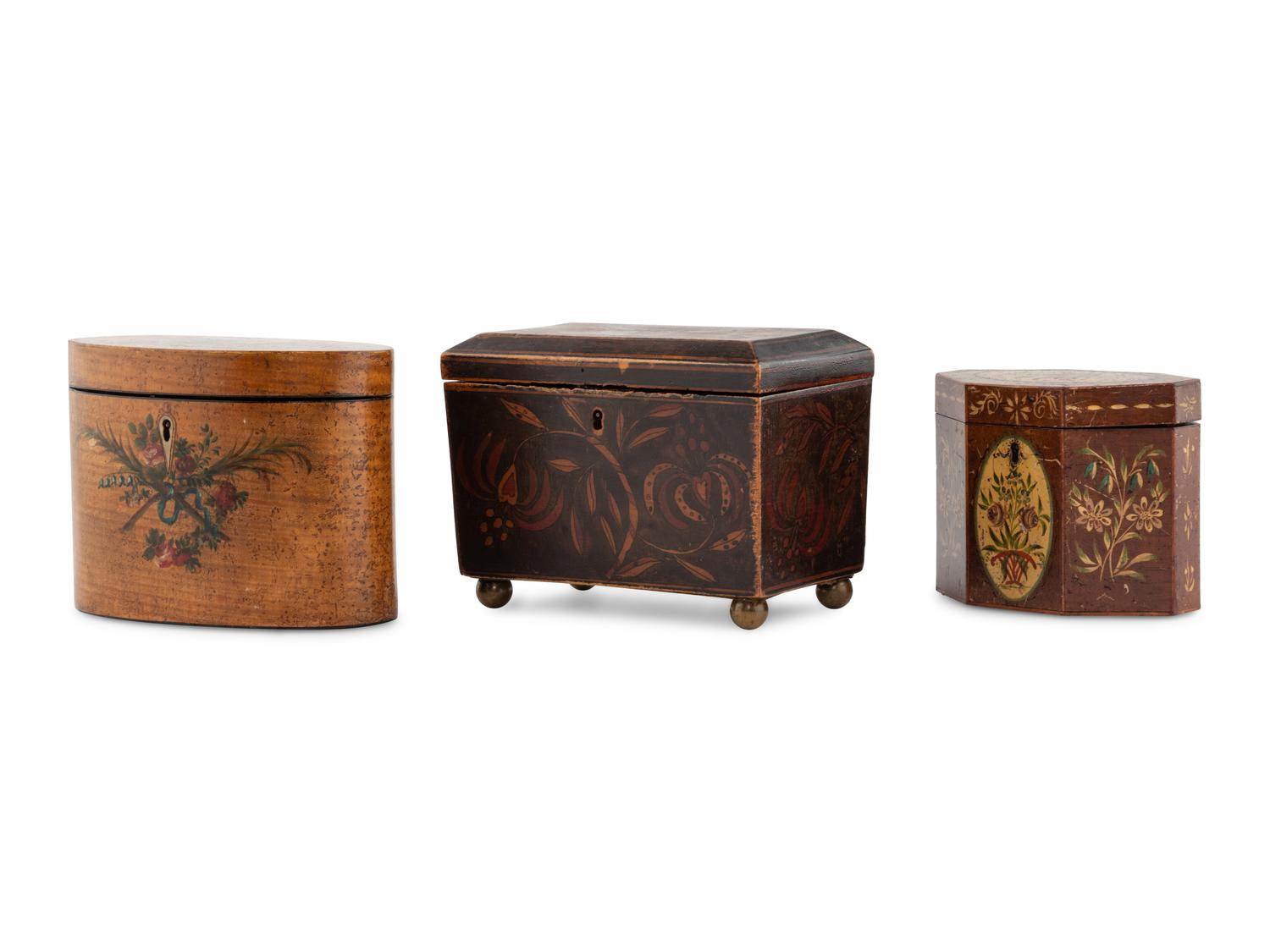 A Group of Three English Polychrome Decorated Tea Caddies