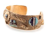 14k Gold Tufa Cast Cuff Bracelet, with Sugilite and Opal Mosaic Inlay