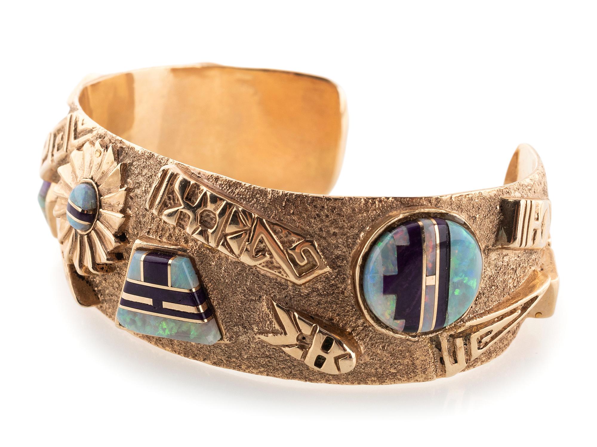 14k Gold Tufa Cast Cuff Bracelet, with Sugilite and Opal Mosaic Inlay