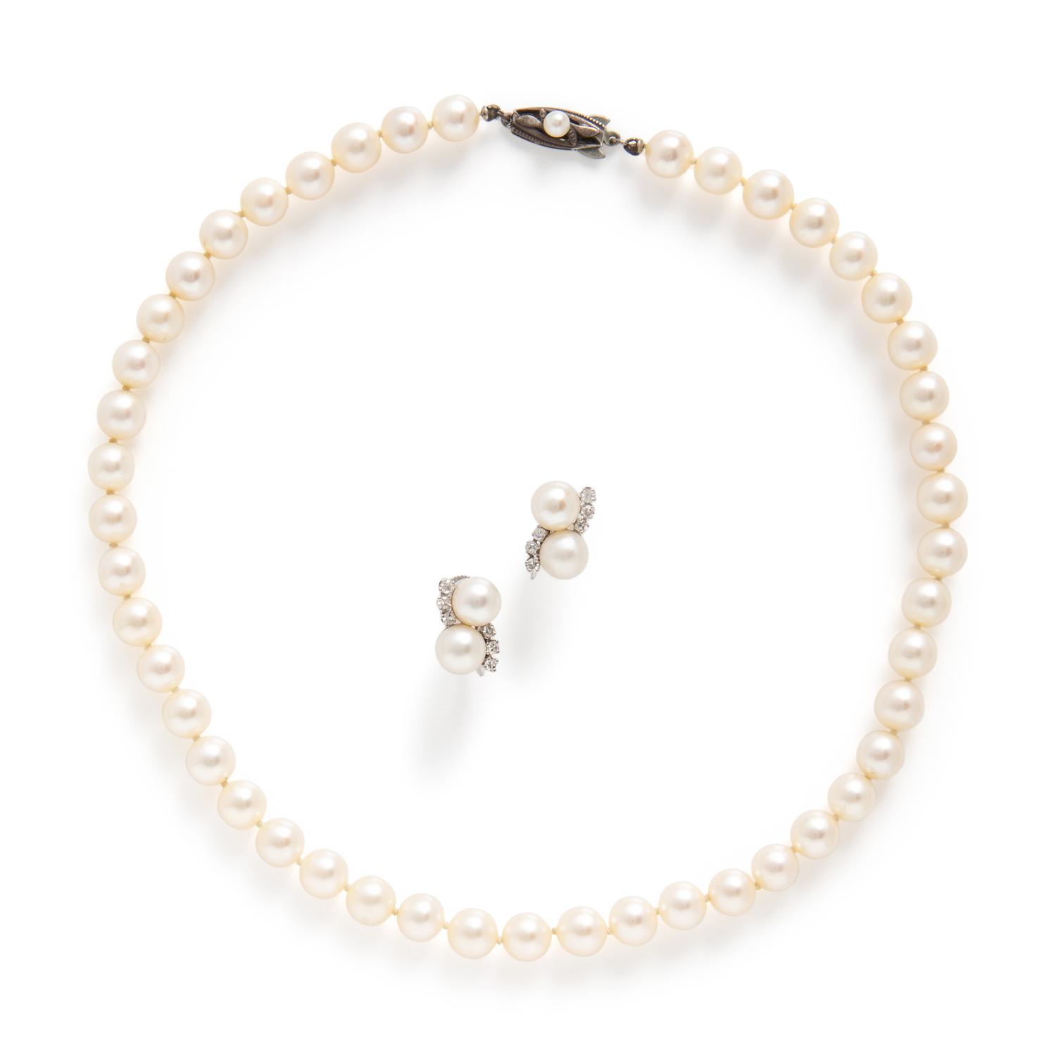 Mikimoto, Cultured Pearl Necklace and a Pair of Unsigned Cultured Pearl and Diamond Earrings