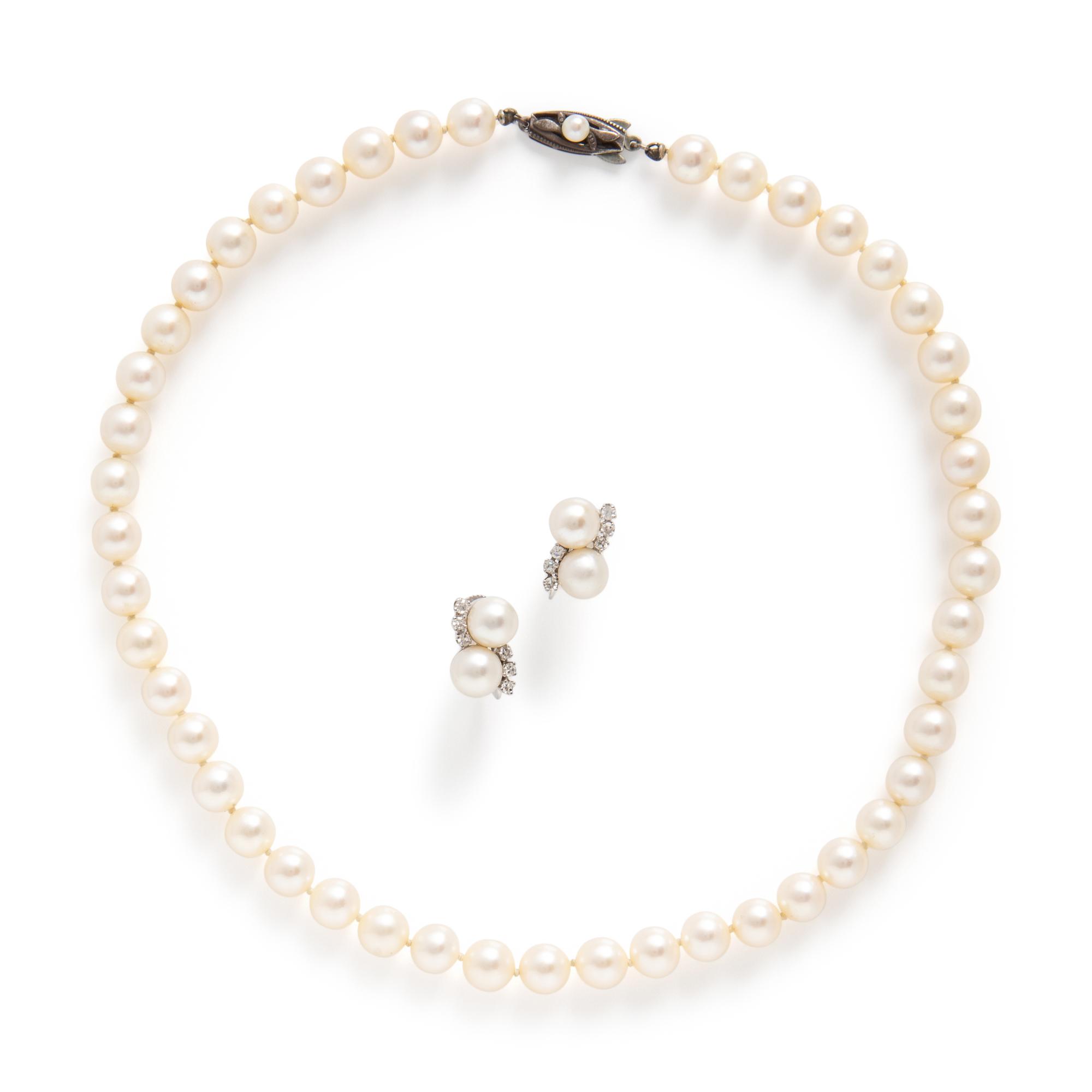 Mikimoto, Cultured Pearl Necklace and a Pair of Unsigned Cultured Pearl and Diamond Earrings