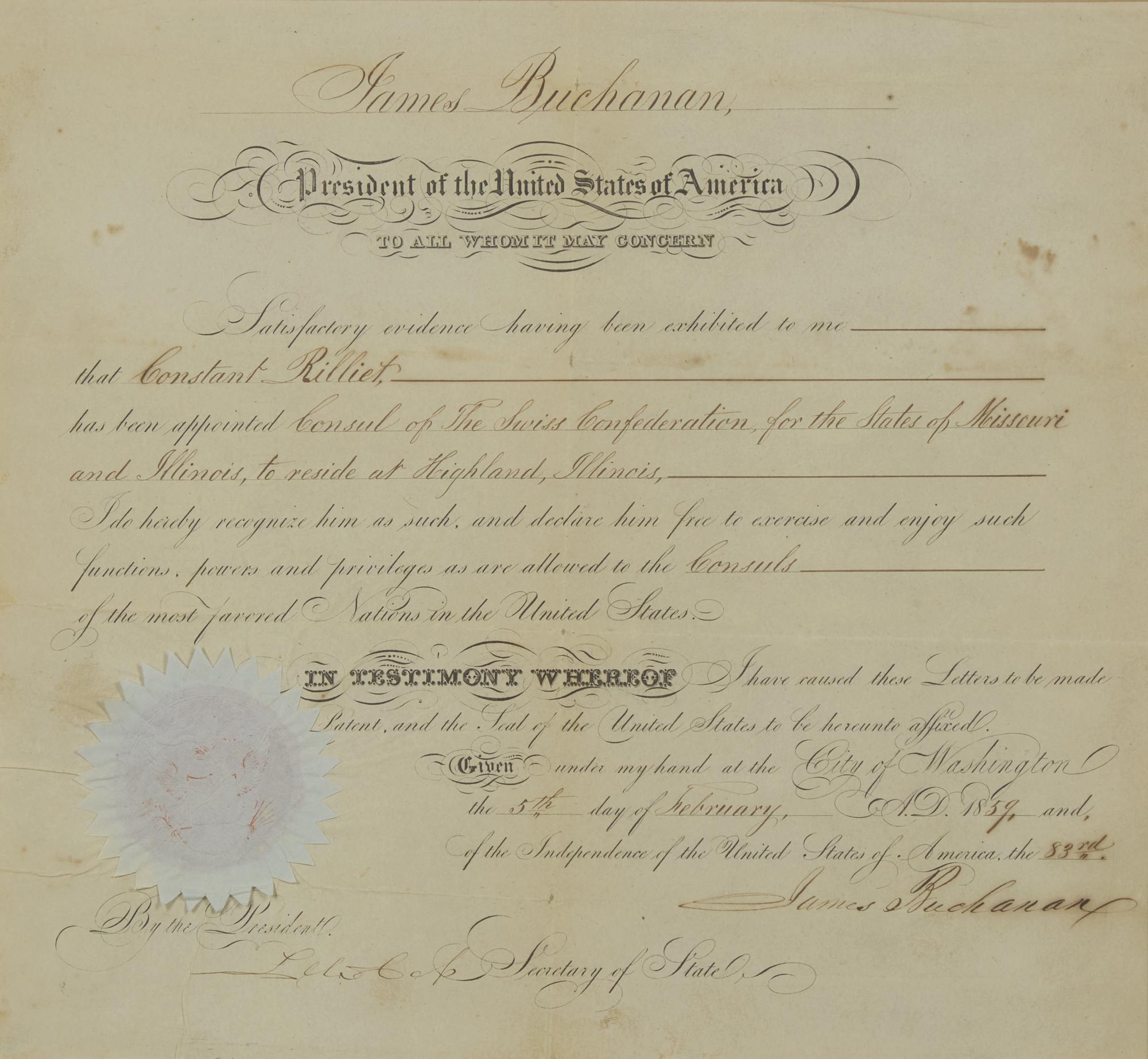 [Presidential] Buchanan, James. Partially-printed document, signed