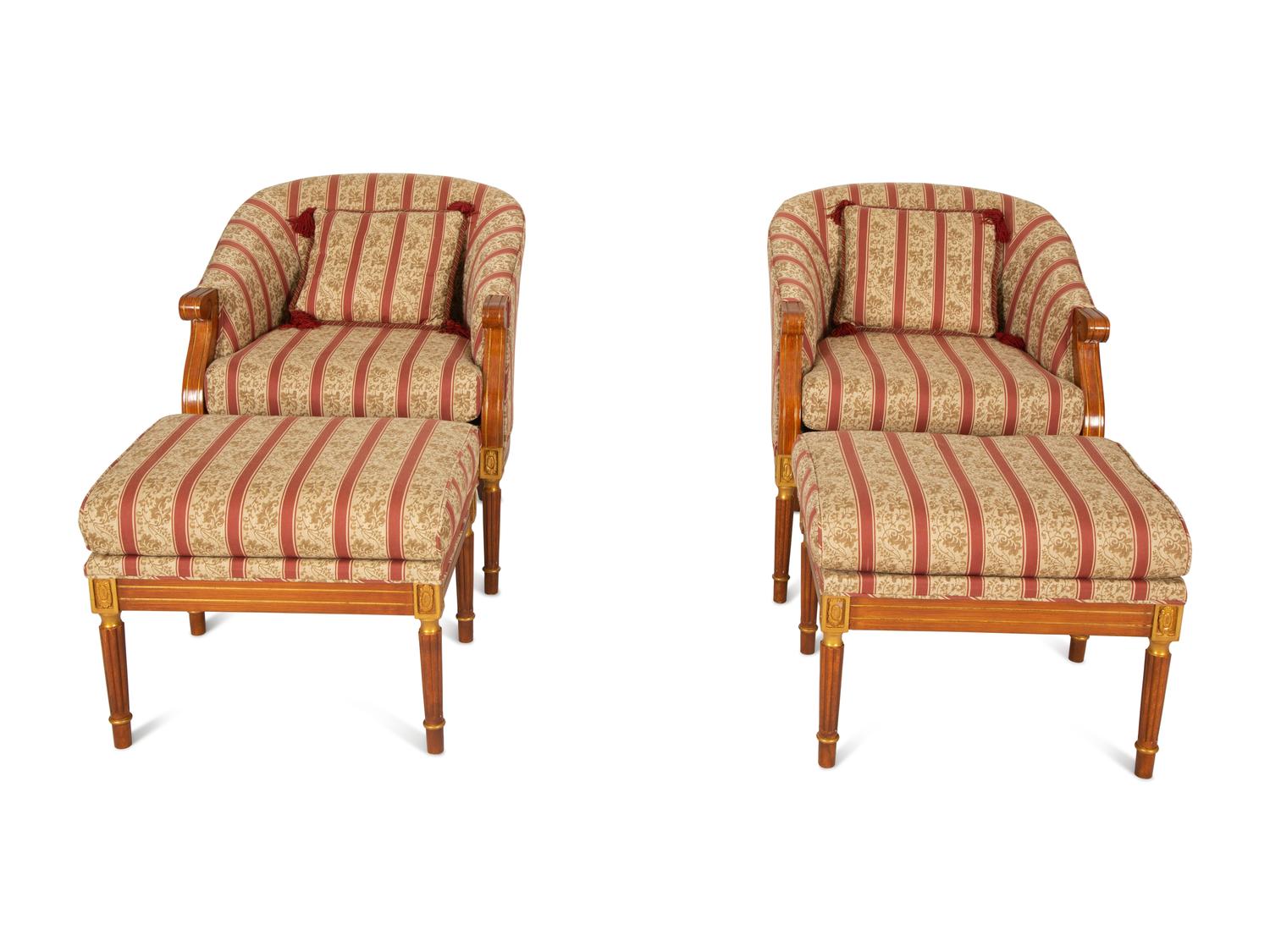 A Pair of Louis XVI Style Bergeres with Matching Ottomans