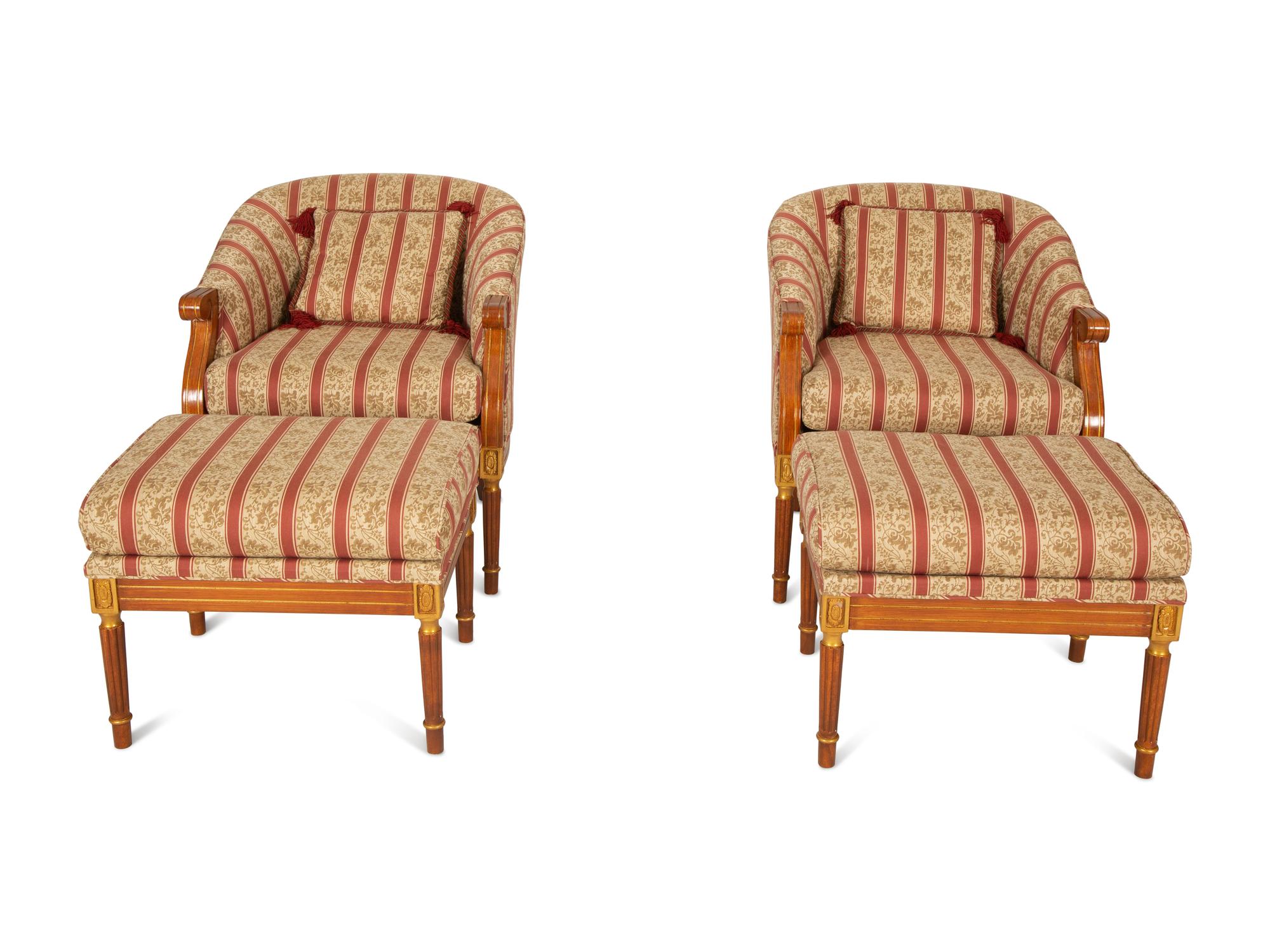 A Pair of Louis XVI Style Bergeres with Matching Ottomans