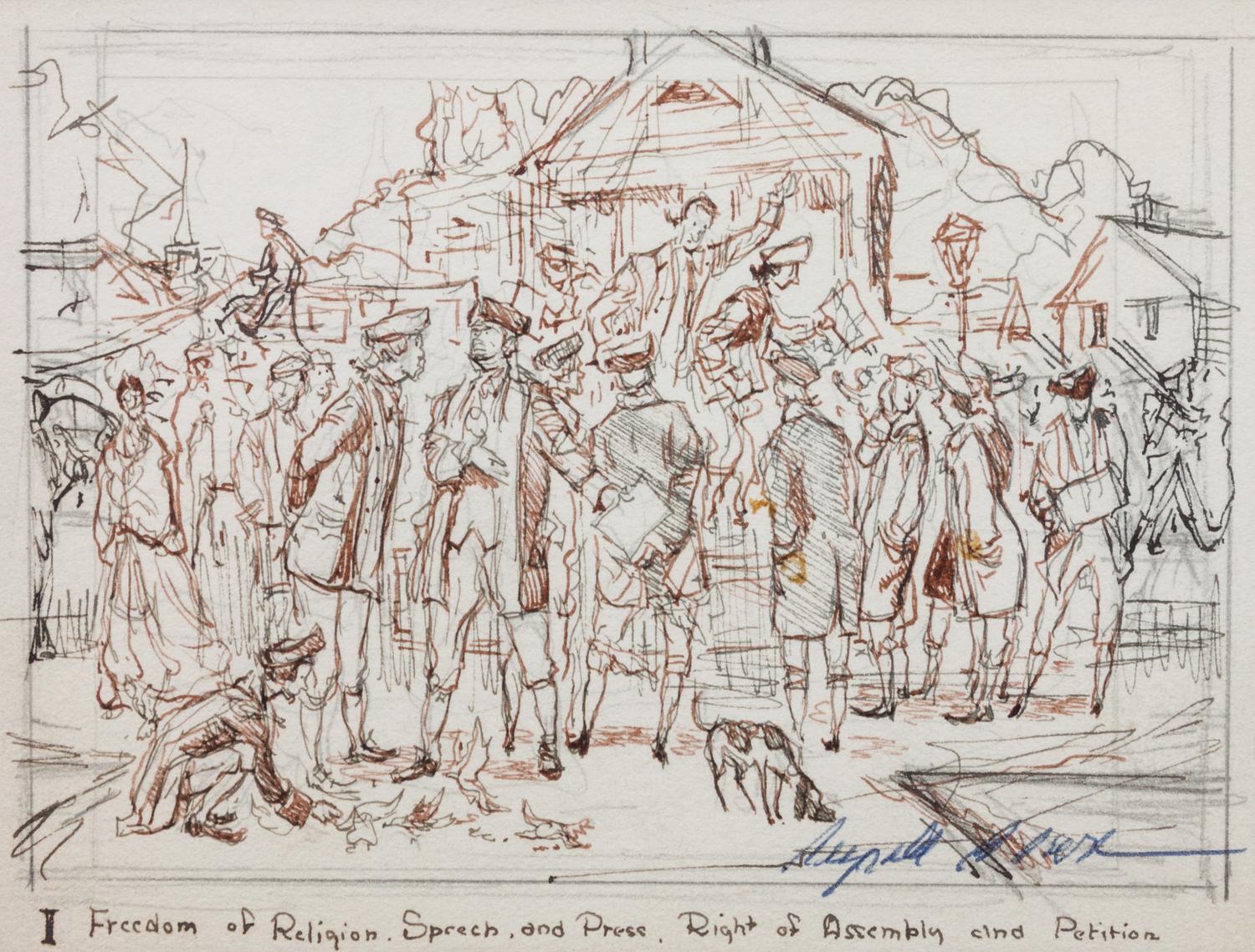 Reynold Brown, (American, 1917-1991), Freedom of Speech, together with a prepatory sketch