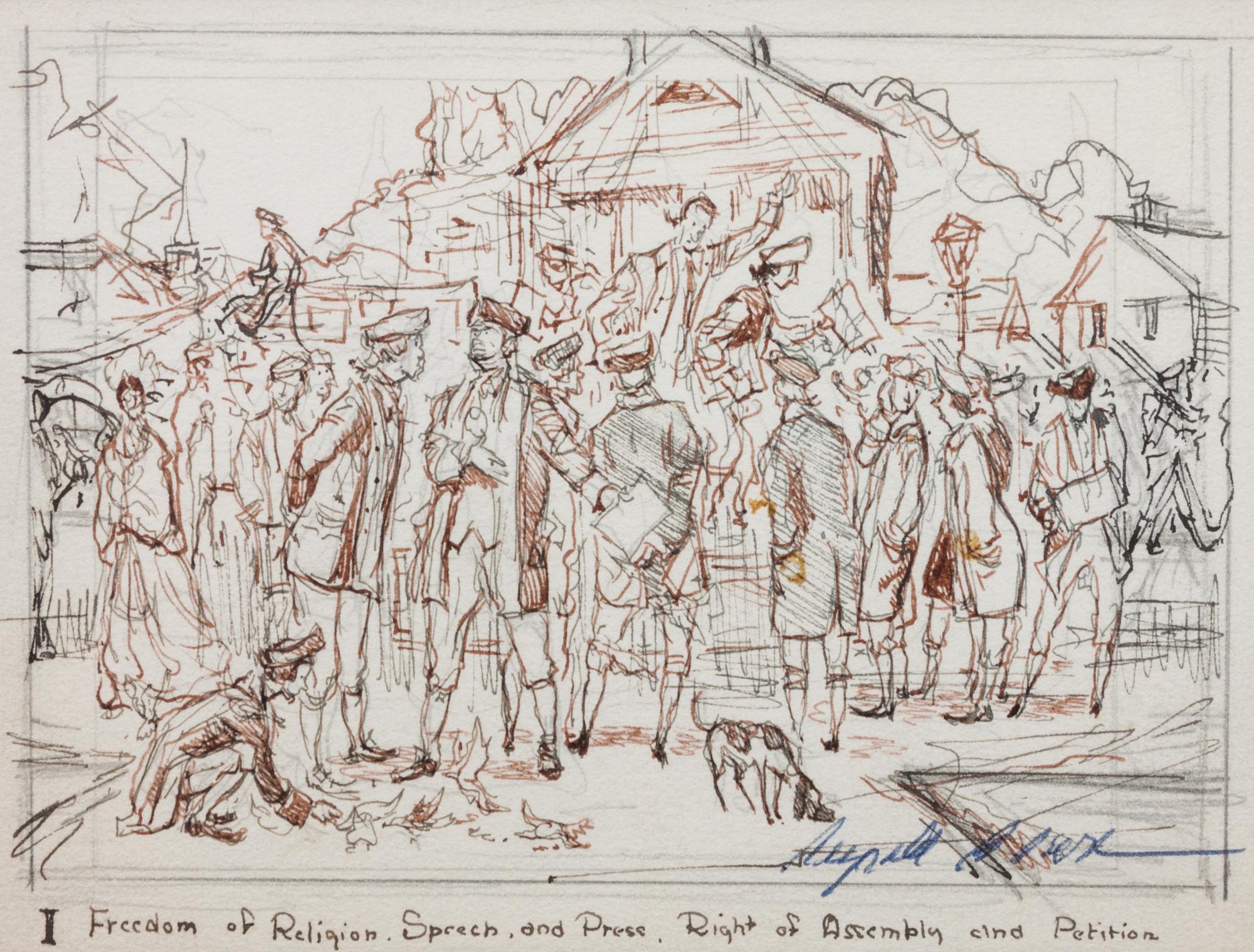 Reynold Brown, (American, 1917-1991), Freedom of Speech, together with a prepatory sketch