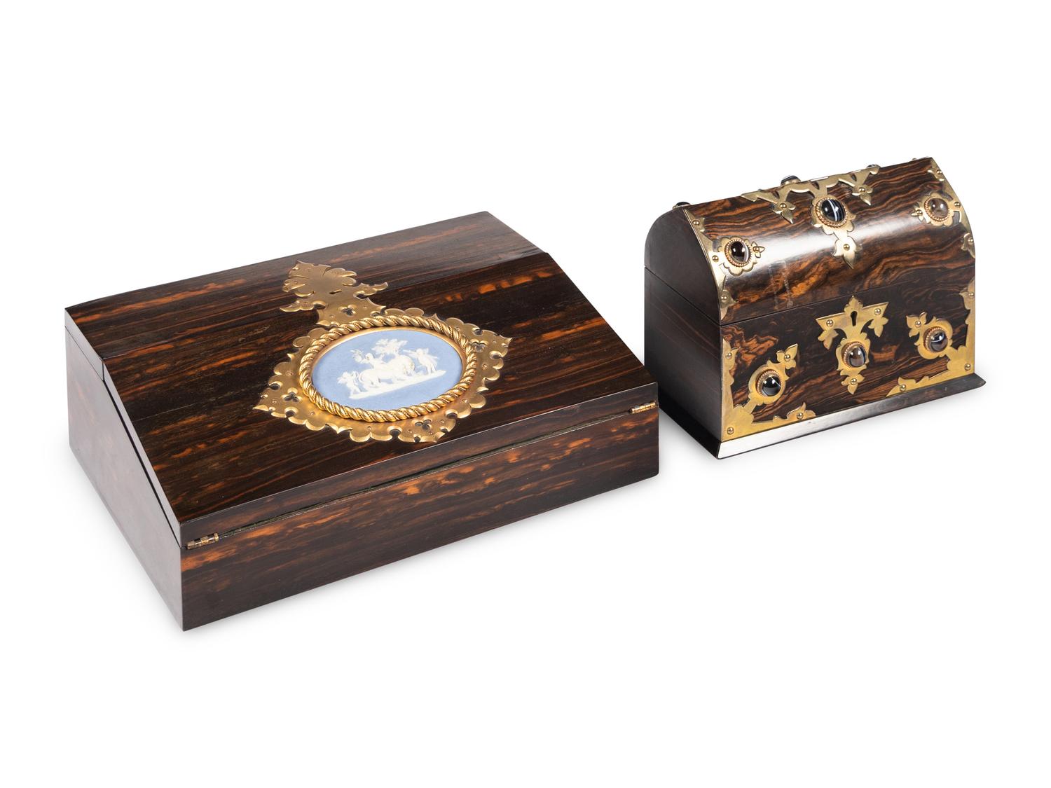 An English Brass and Agate-Mounted Letter Box and a Bisque Plaque-Mounted Calamander Writing Box