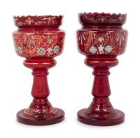 A Pair of Persian Market Enameled Glass Oil Lamps