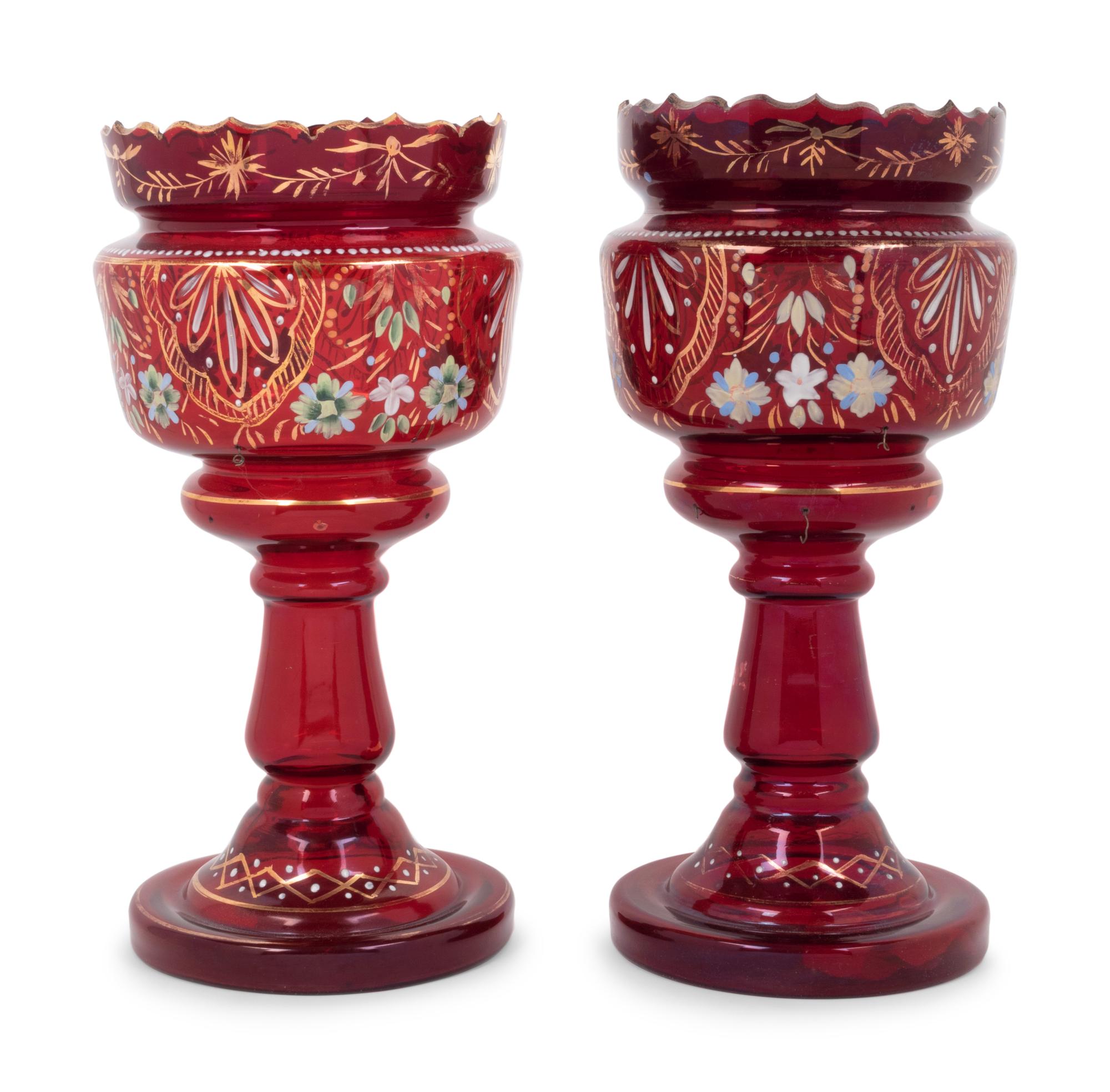A Pair of Persian Market Enameled Glass Oil Lamps