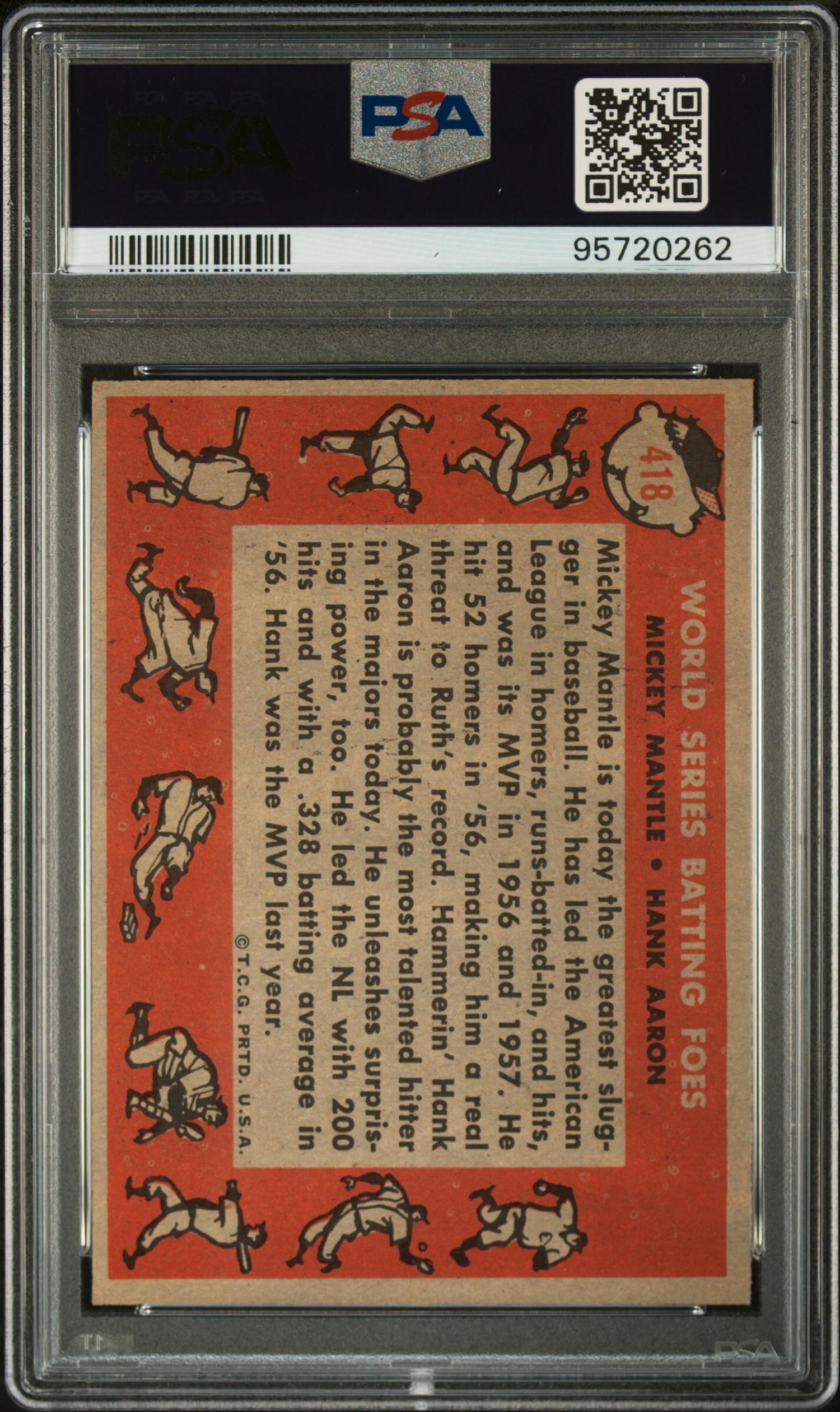 A 1958 Topps Mickey Mantle / Hank Aaron World Series Batting Foes Baseball Card No. 418 (PSA 6 EX-MT)