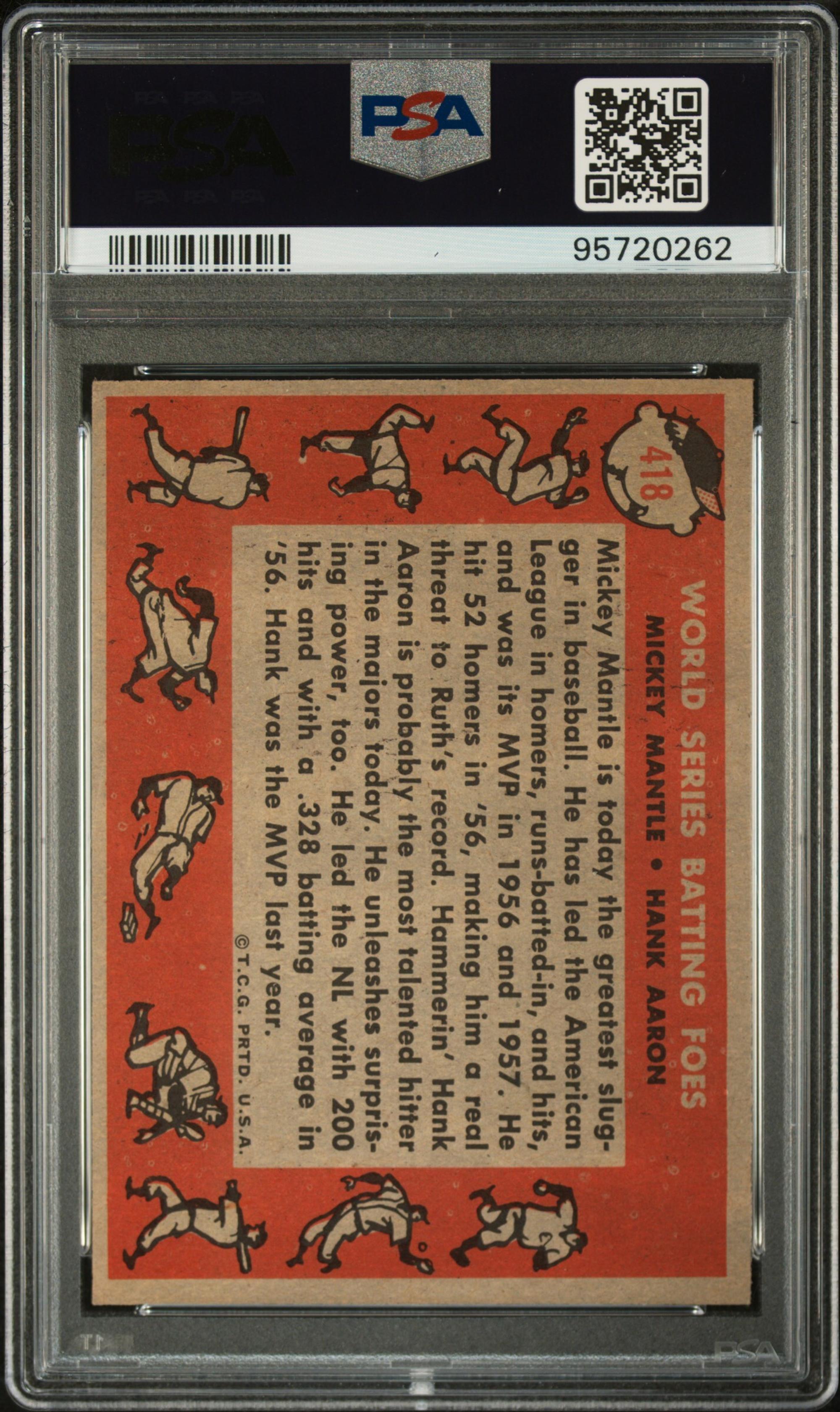 A 1958 Topps Mickey Mantle / Hank Aaron World Series Batting Foes Baseball Card No. 418 (PSA 6 EX-MT)