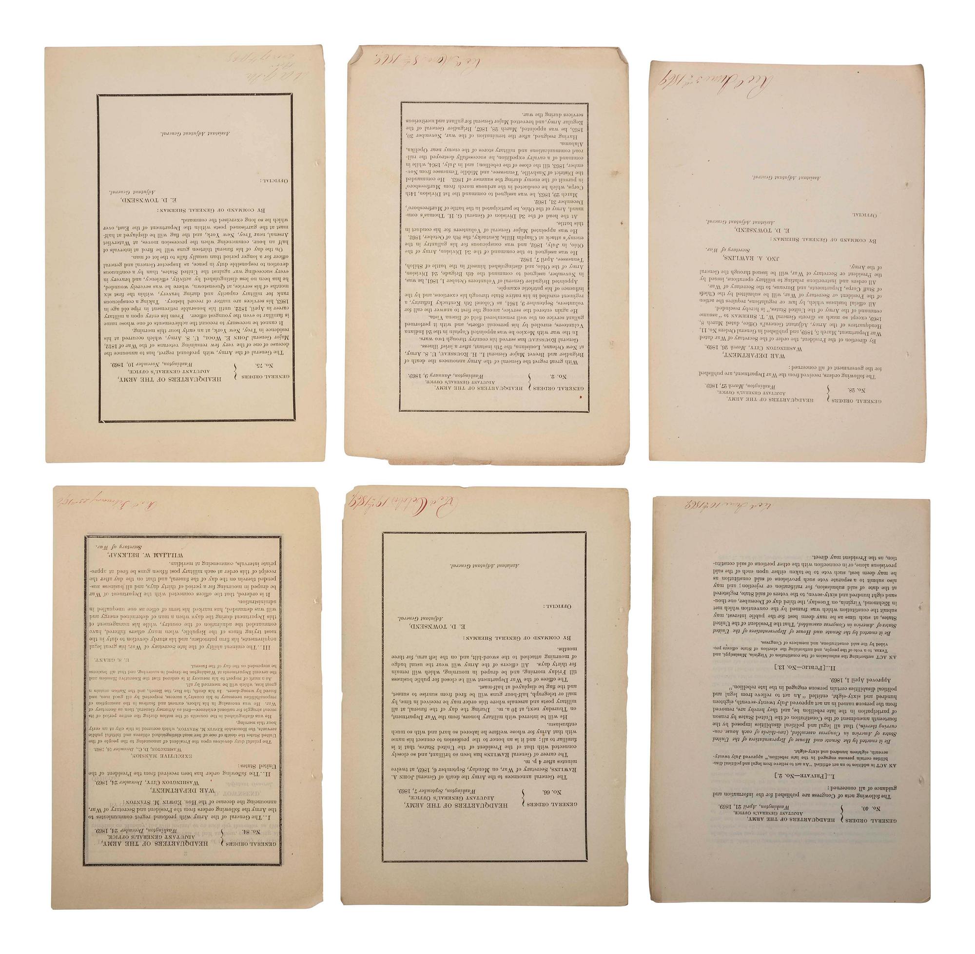 [RECONSTRUCTION]. A group of 26 General Orders, many concerning the post-war governance of the South, as well as death announcements of President Franklin Pierce, Edwin Stanton, and Generals Wool, Rosseau, and Rawlins, comprising: