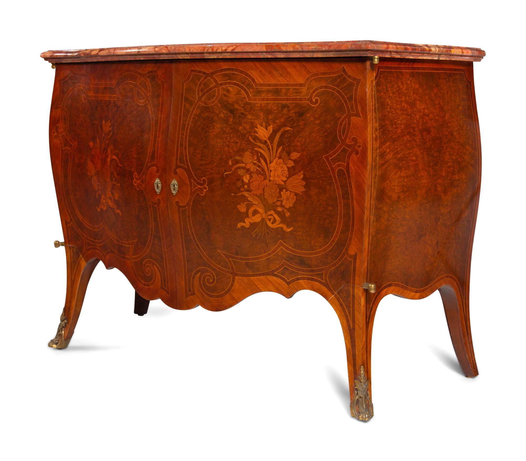 A Pair of Louis XV Style Marquetry Marble-Top Bombé Cabinets