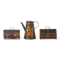 A Painted Tin Asphaltum Coffeepot And Covered Box