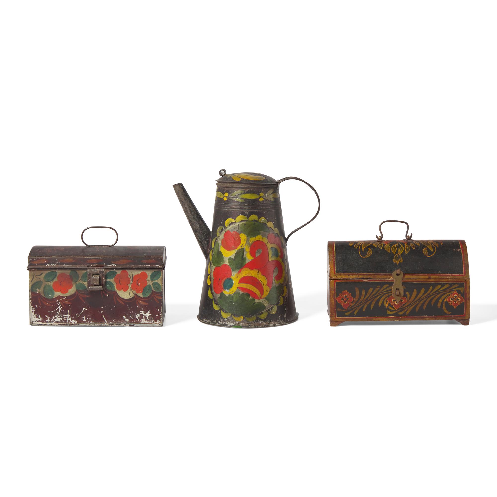 A Painted Tin Asphaltum Coffeepot And Covered Box