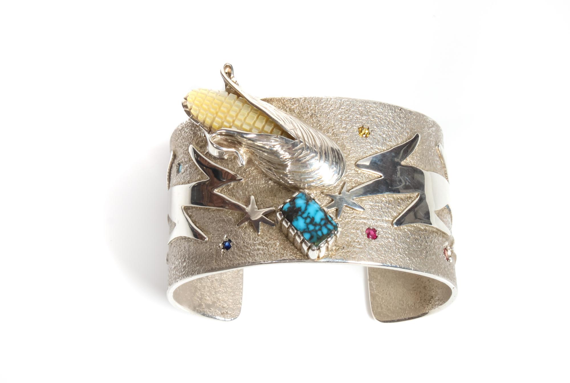 Southwest Style Silver Cuff Multi-Gem Bracelet by Andrew Alvarez Length 5 1/4 x opening 1 1/8 x width 1 3/8 inches