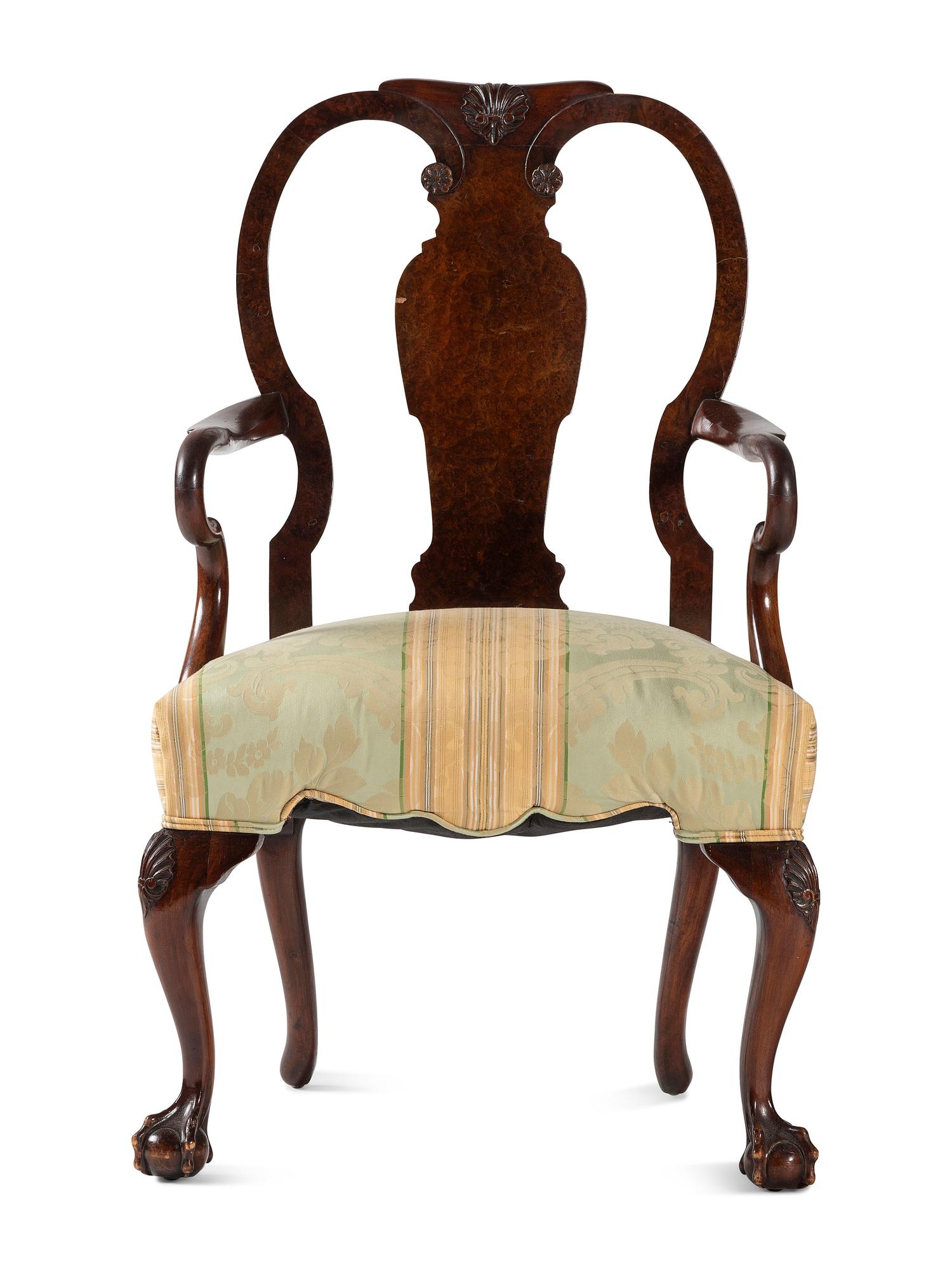 A George II Style Burl-Walnut Shepherd's Crook Claw-and-Ball Foot Armchair