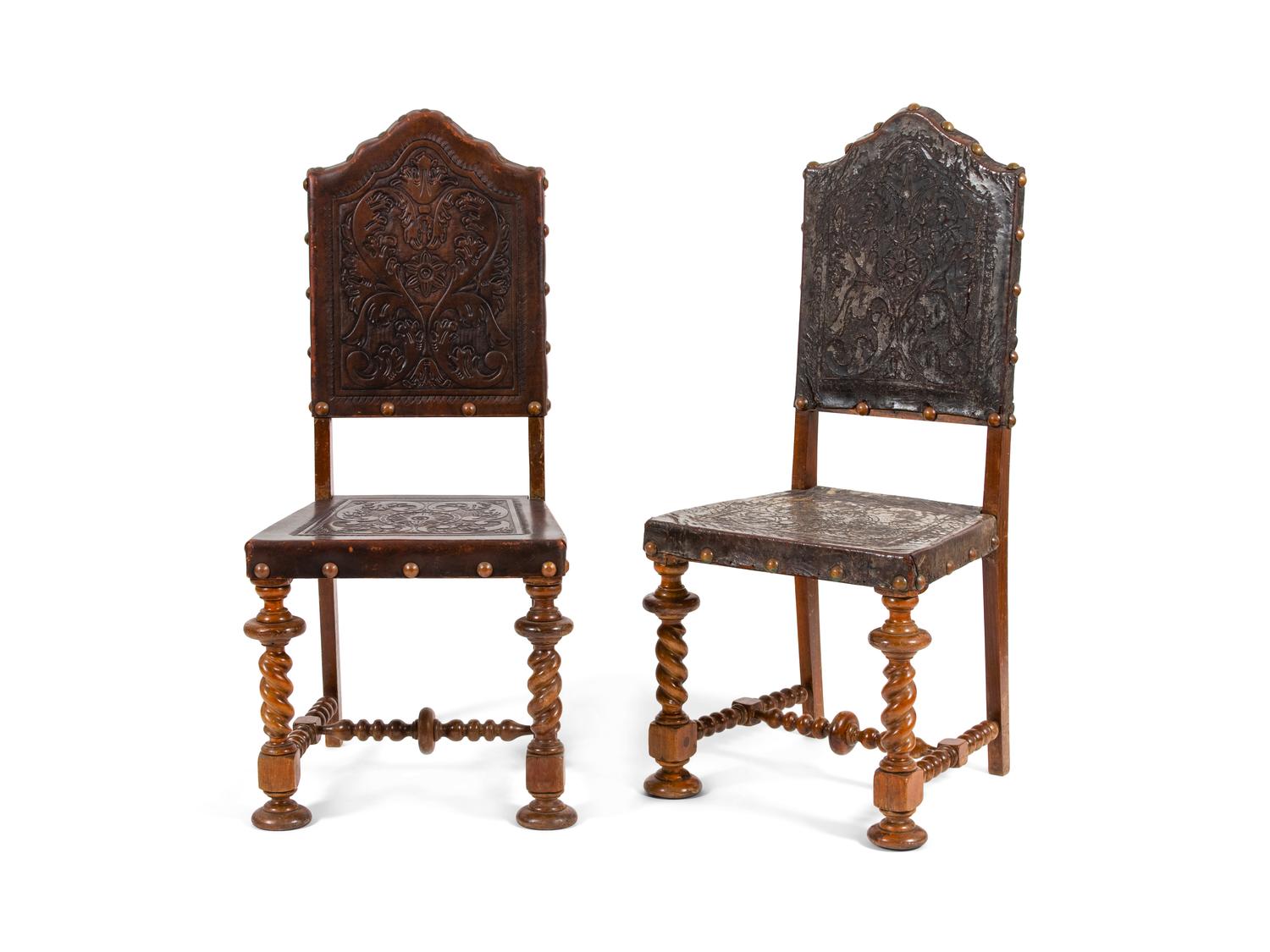 Six Mizner Carved Walnut and Embossed Leather Back Side Chairs — FIRST QUARTER 20TH CENTURY