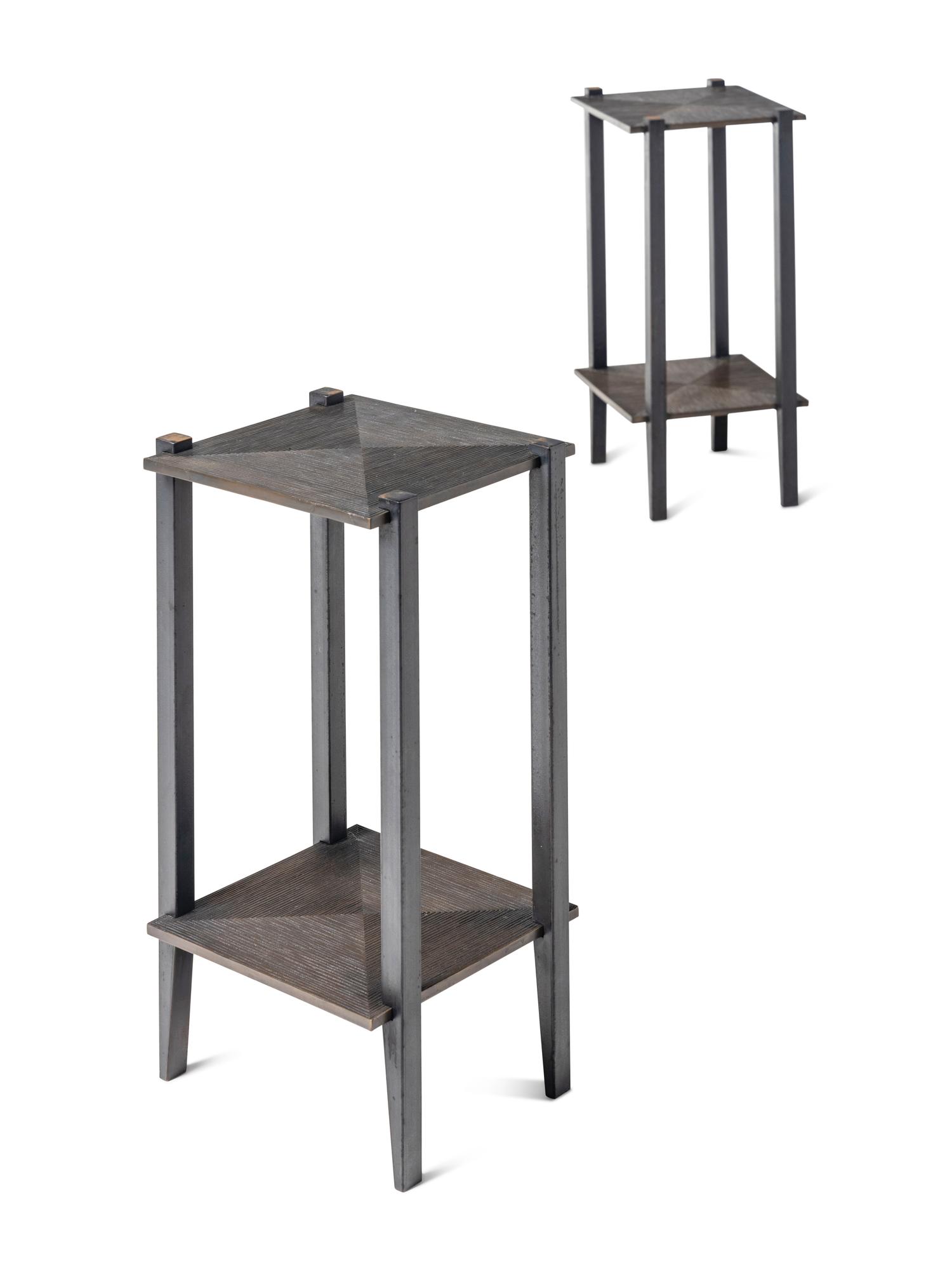 A Pair of Tuell and Reynolds Bronze and Steel Hakone Side Tables