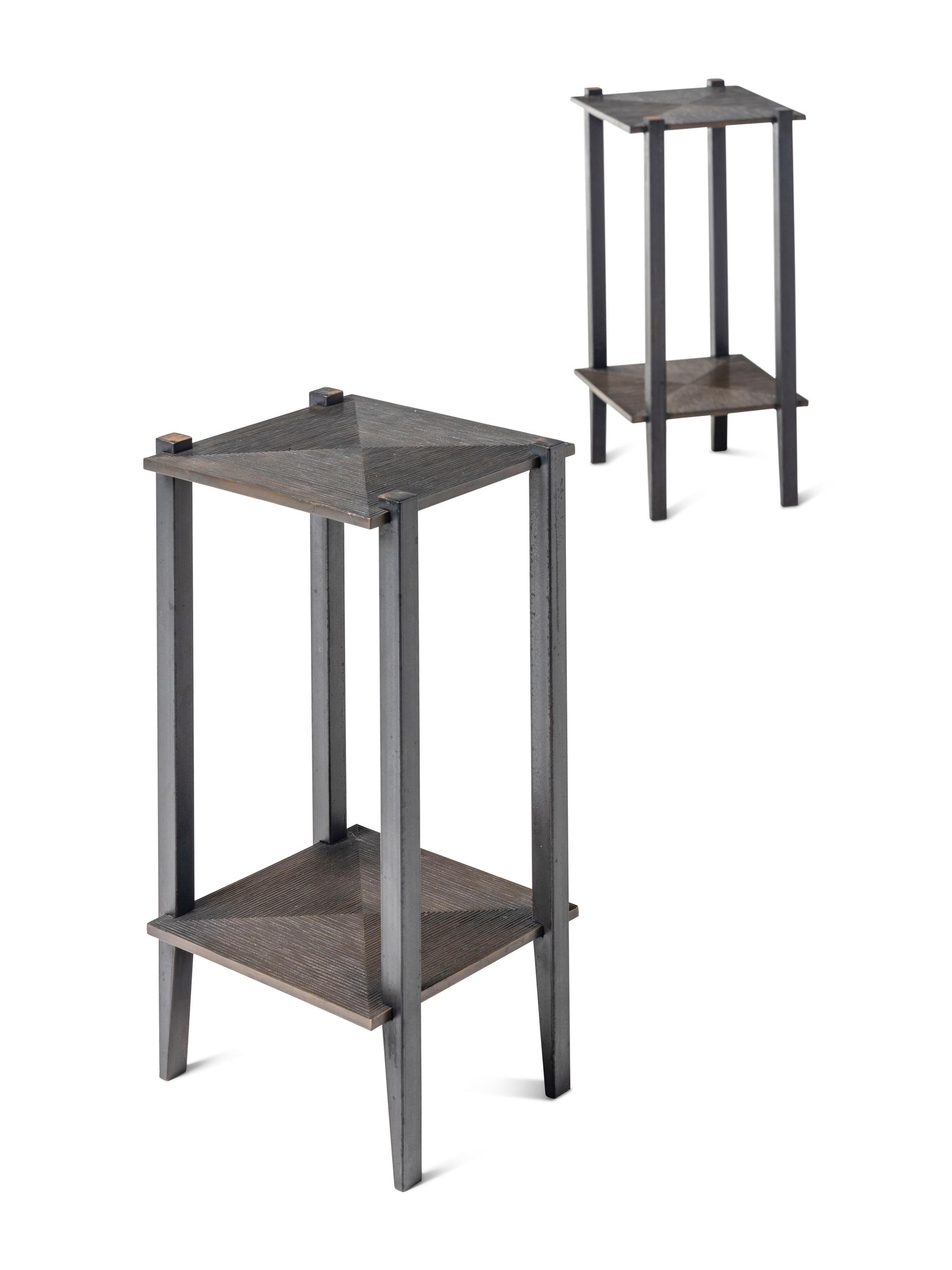 A Pair of Tuell and Reynolds Bronze and Steel Hakone Side Tables