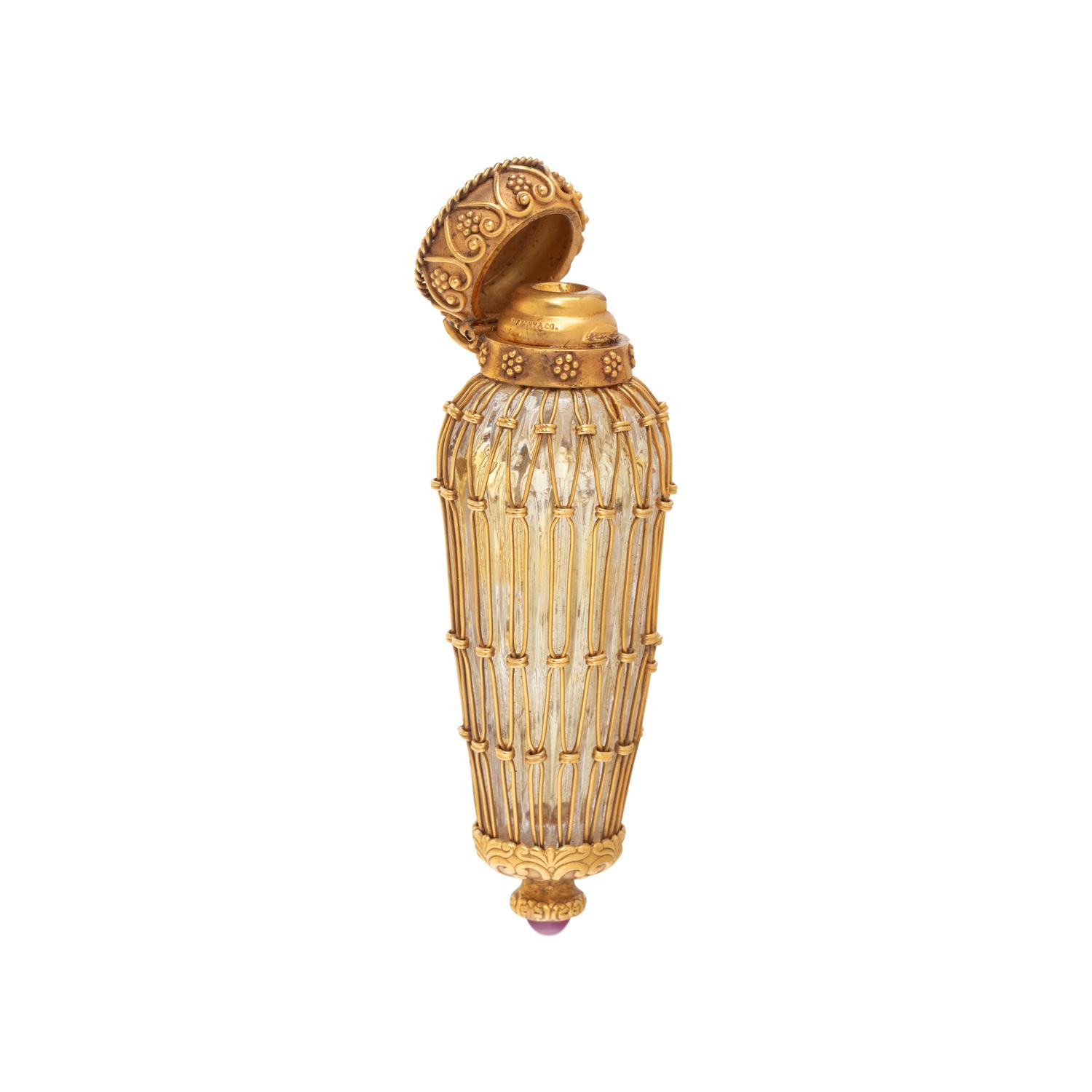 TIFFANY & CO., YELLOW GOLD AND RUBY SCENT BOTTLE