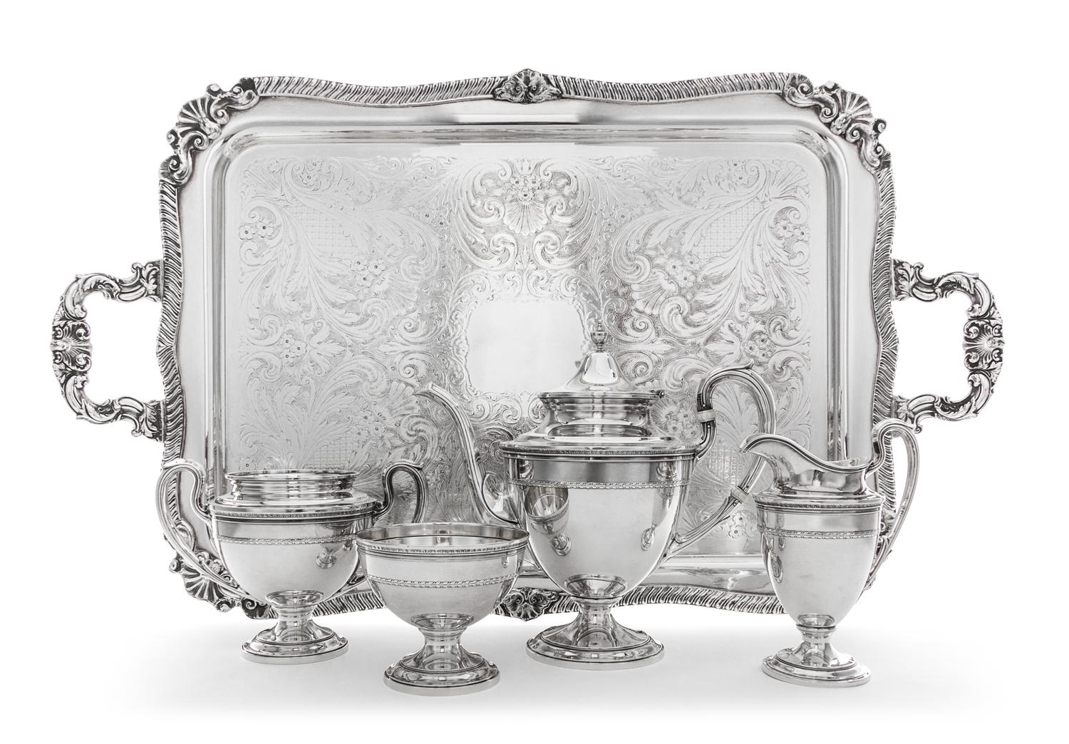 An American Silver Tea Service, Gorham Mfg. Co., Providence, RI, comprising a teapot, a creamer, a sugar and a waste bowl; together wit