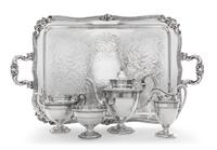 An American Silver Tea Service, Gorham Mfg. Co., Providence, RI, comprising a teapot, a creamer, a sugar and a waste bowl; together wit
