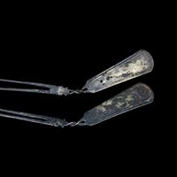 A Pair of Chinese Parcel Gilt Silver 'Bird and Foliate' Hairpins, Chai, Tang Dynasty 唐 鎏金卷草飛鳥紋銀釵一對