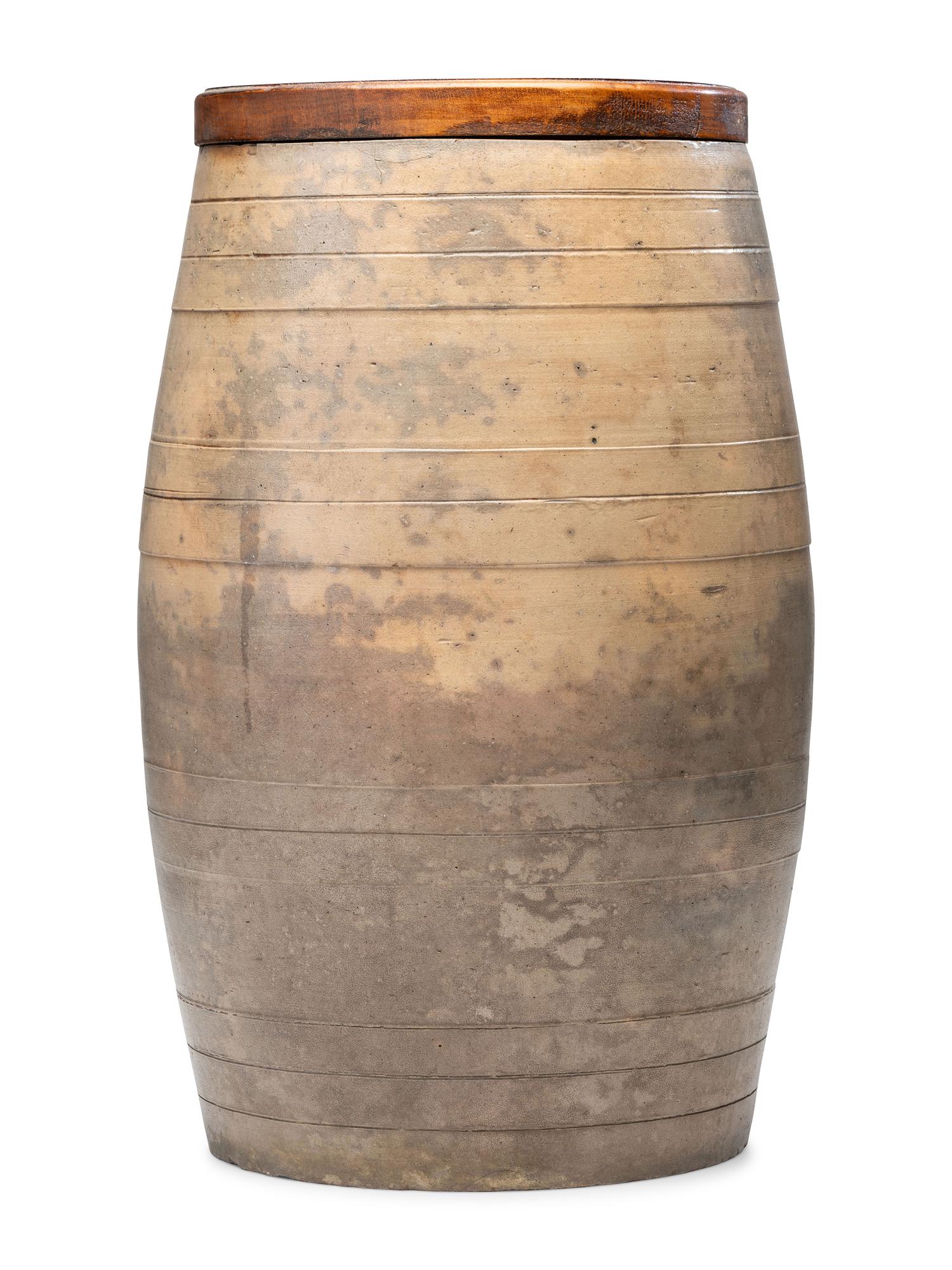 A Ten-Gallon Stoneware Keg with Floral Basket Decoration
