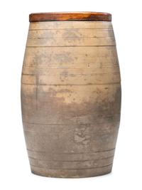 A Ten-Gallon Stoneware Keg with Floral Basket Decoration