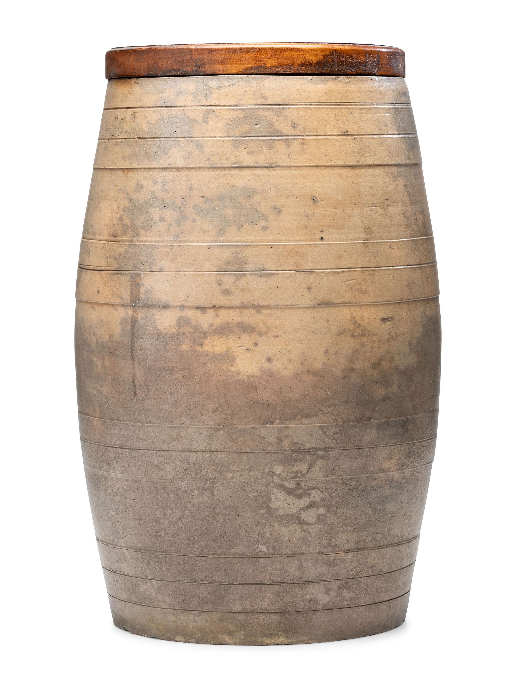 A Ten-Gallon Stoneware Keg with Floral Basket Decoration