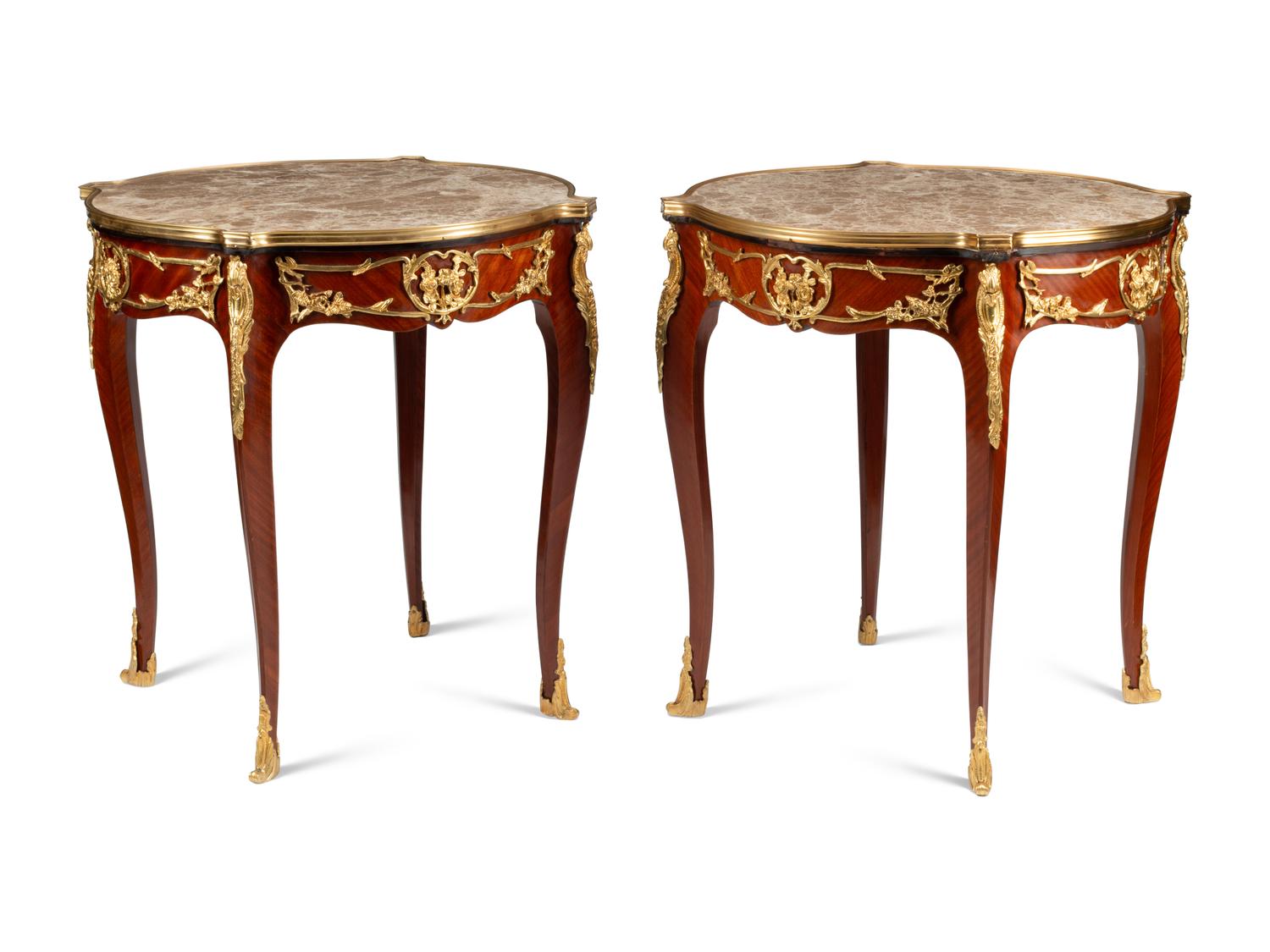 A Pair of Louis XV Style Bronze Mounted Marble-Top Tables