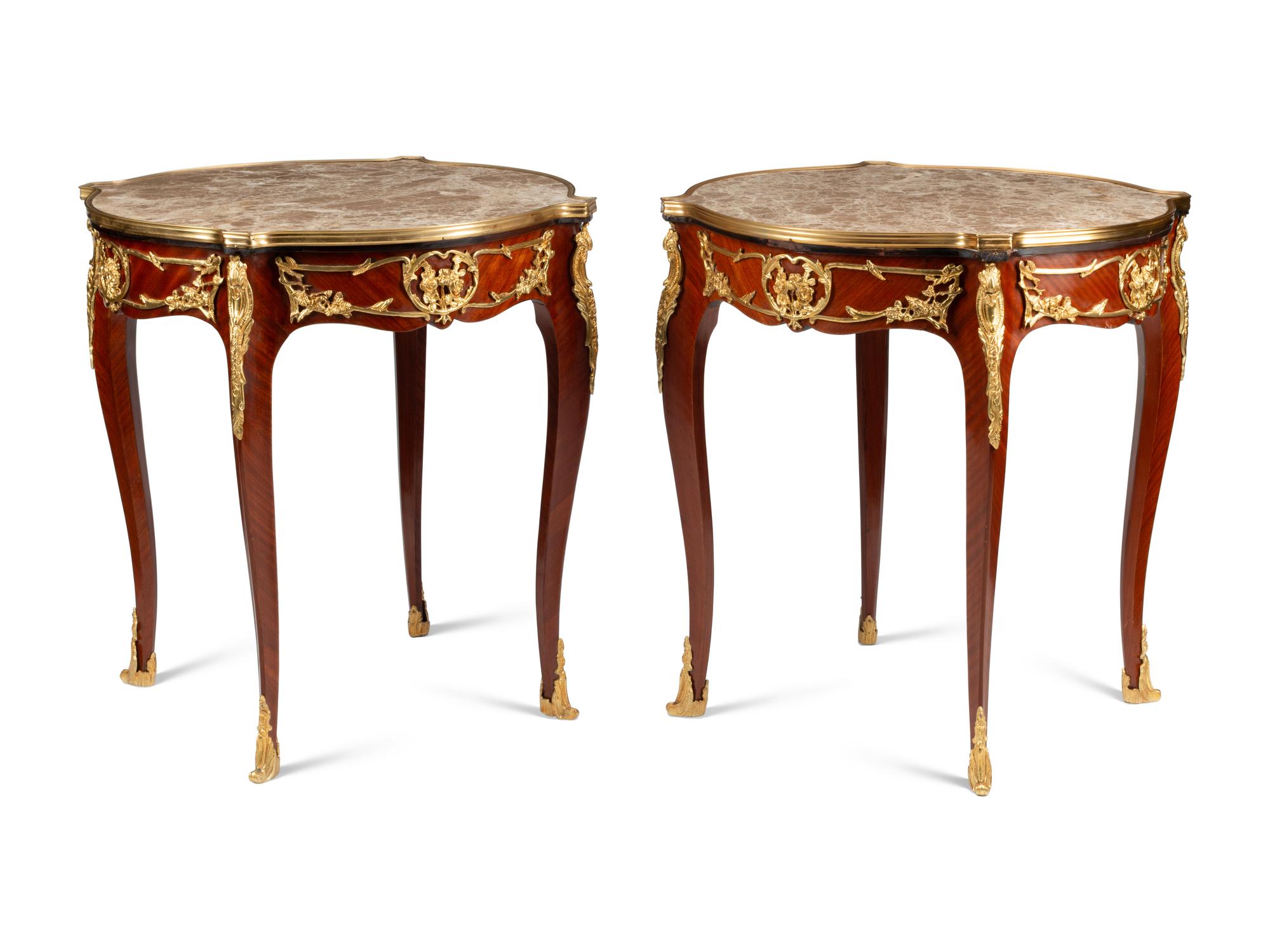 A Pair of Louis XV Style Bronze Mounted Marble-Top Tables