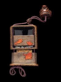 A Japanese Silver and Gold Lacquered Tobacco Box, Tonkotsu, and Netsuke