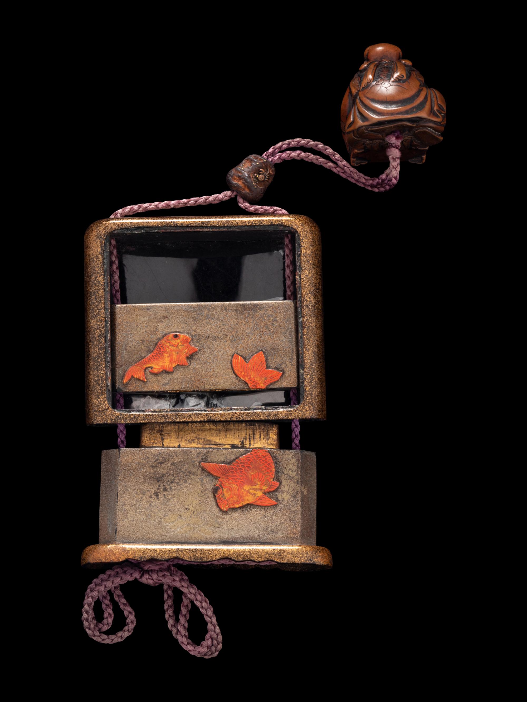 A Japanese Silver and Gold Lacquered Tobacco Box, Tonkotsu, and Netsuke