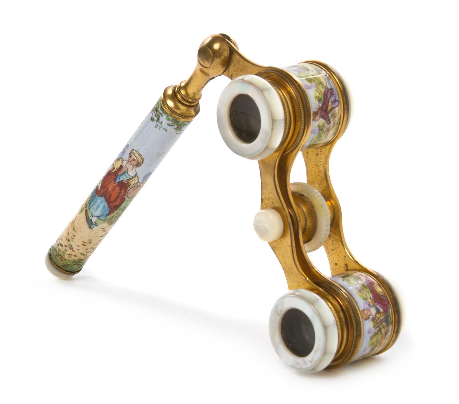 A Pair of French Enameled Mother-of-Pearl Opera Glasses, Colmont, Width 3 1/2 inches.