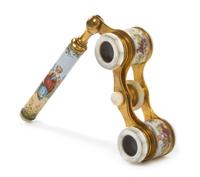 A Pair of French Enameled Mother-of-Pearl Opera Glasses, Colmont, Width 3 1/2 inches.