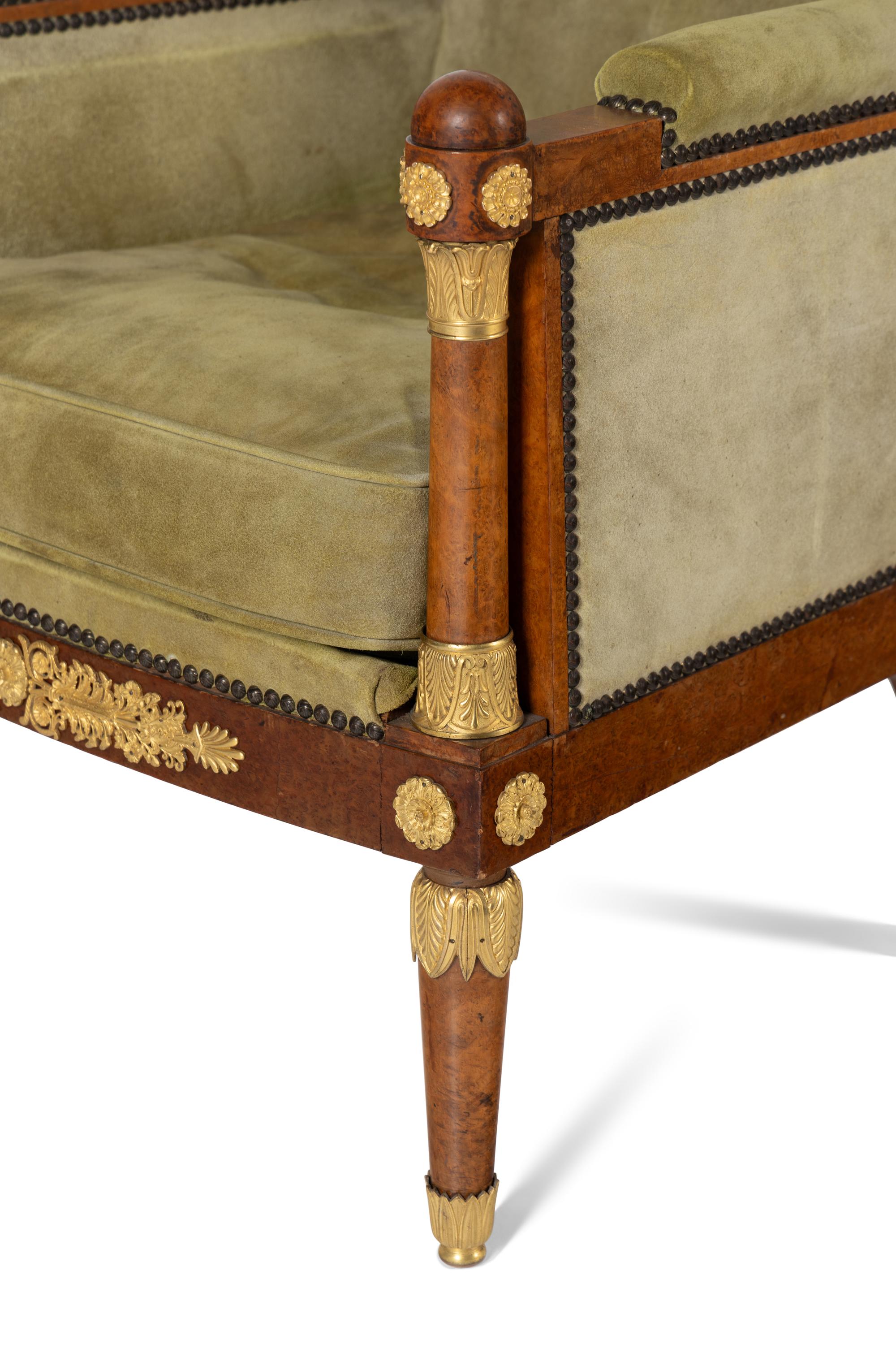 A Pair of Neoclassical Gilt Bronze Mounted Burlwood Bergères