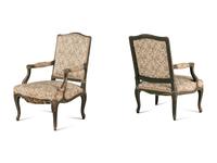 A Pair of Italian Rococo Style Painted and Parcel Gilt Fauteuils