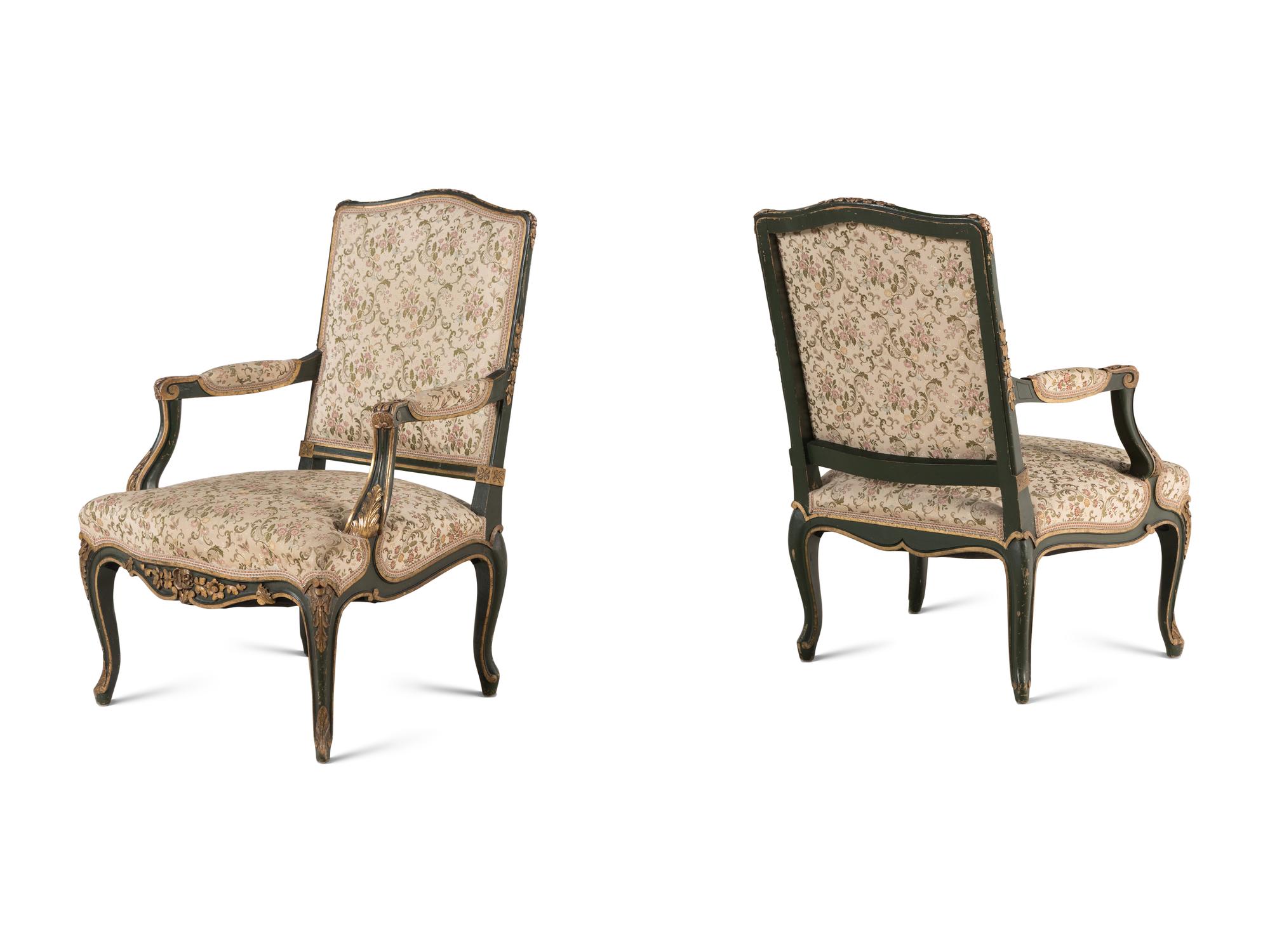 A Pair of Italian Rococo Style Painted and Parcel Gilt Fauteuils