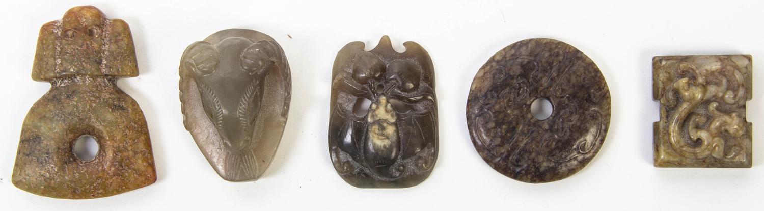 A Group of Five Carved Jade and Hardstone Articles Height of tallest 2 7/8 inches.