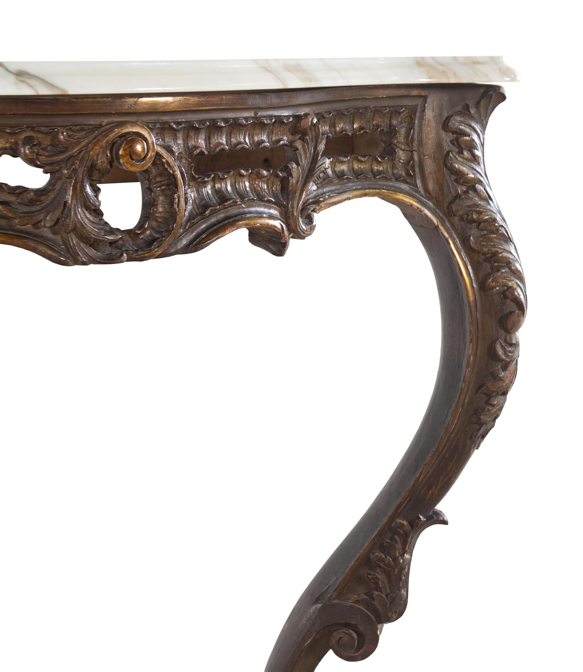 A Louis XV Style Carved Walnut Marble-Top Console Table