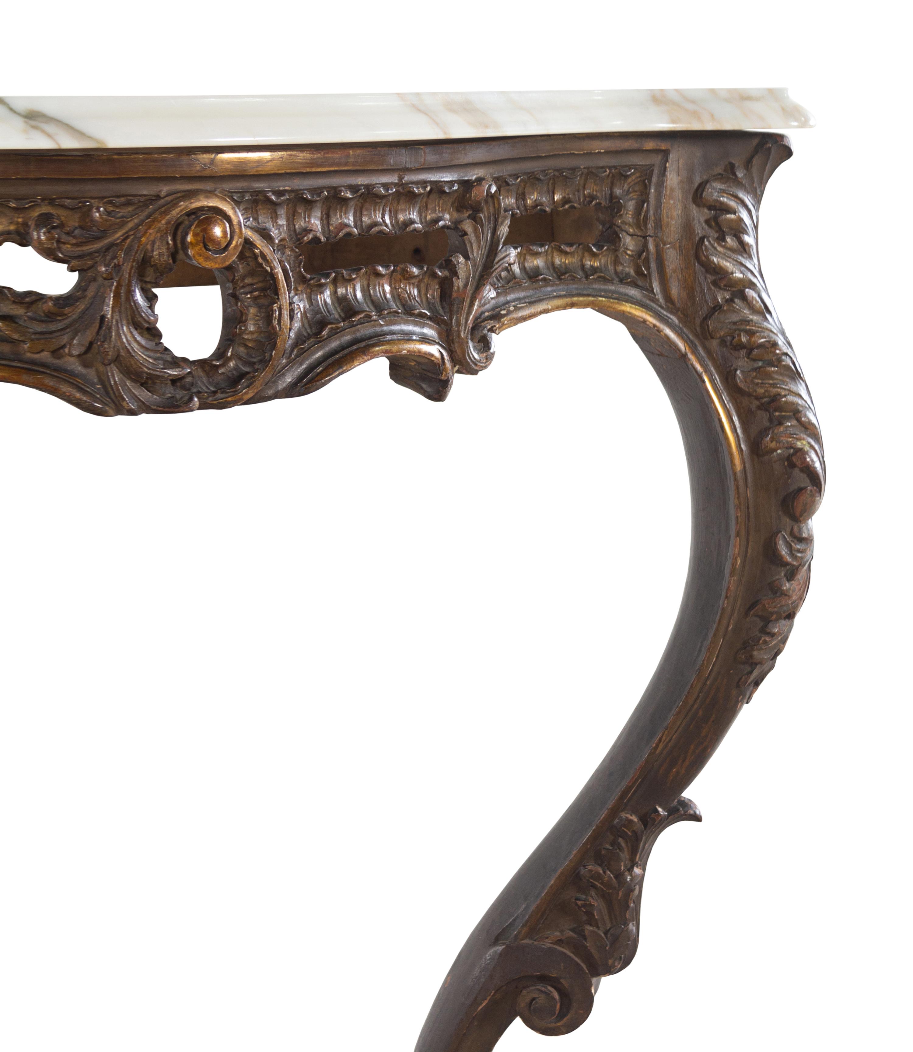 A Louis XV Style Carved Walnut Marble-Top Console Table